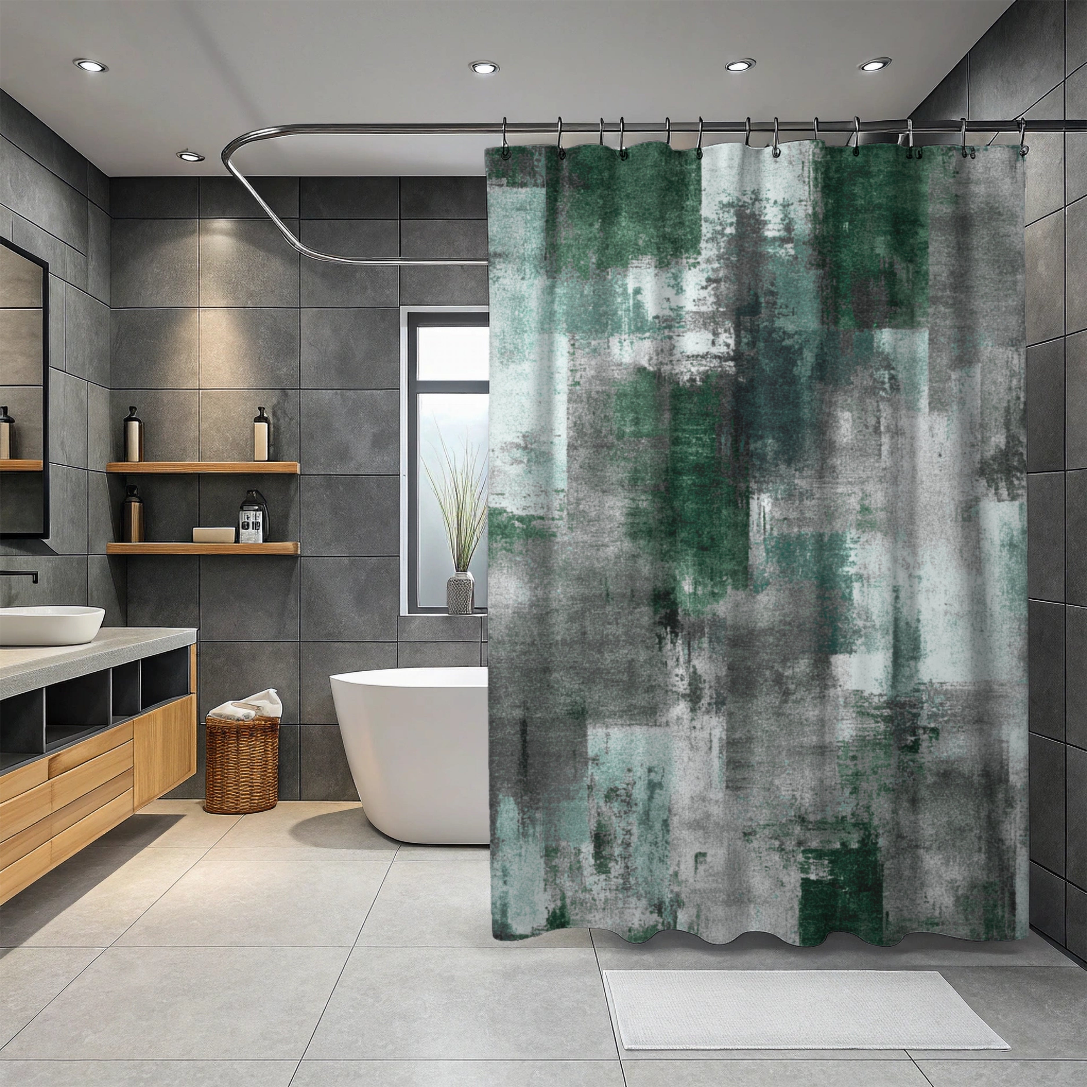 Green Shower Curtain | Flowy Fabric, Abstract Bathroom Decor