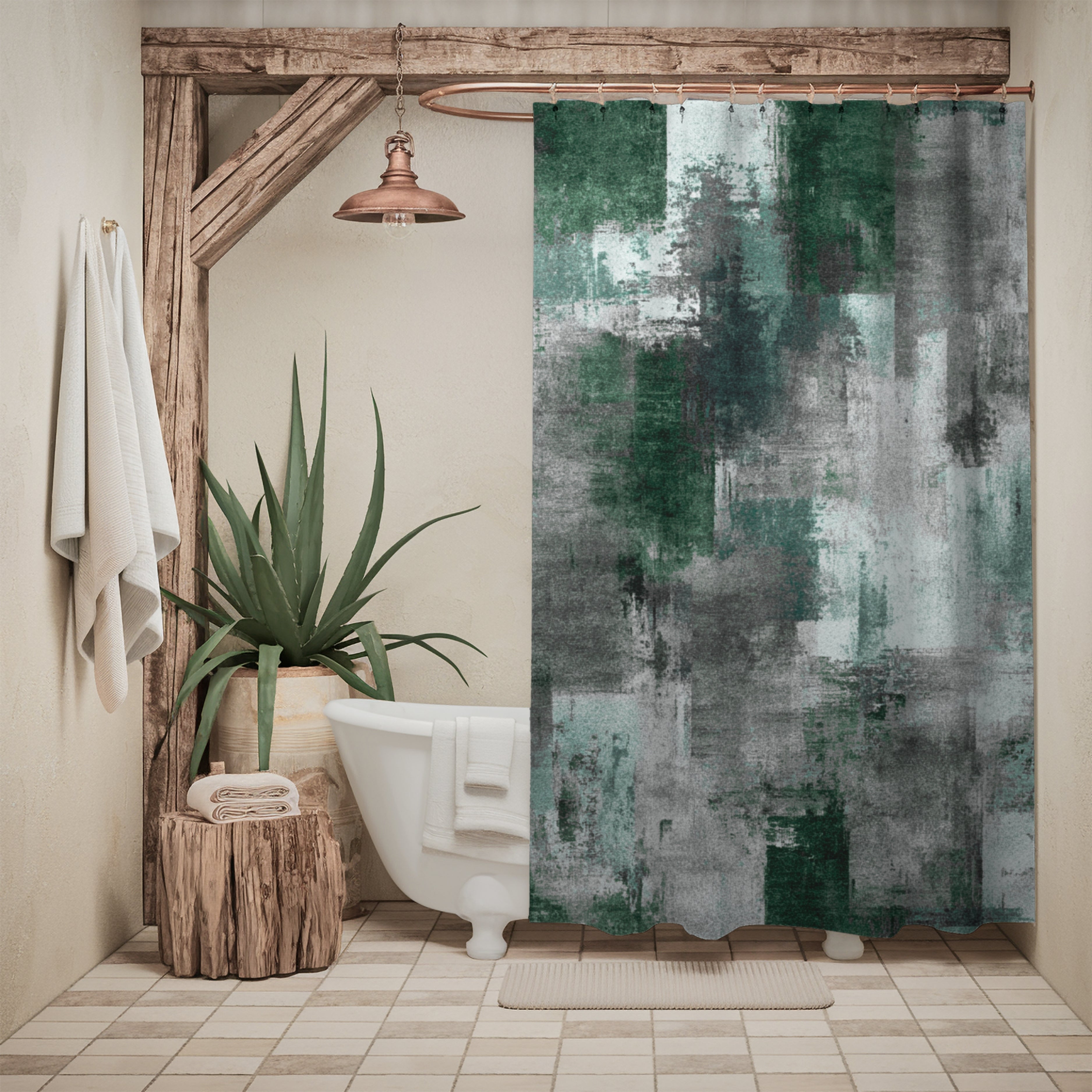 Green Shower Curtain | Flowy Fabric, Abstract Bathroom Decor