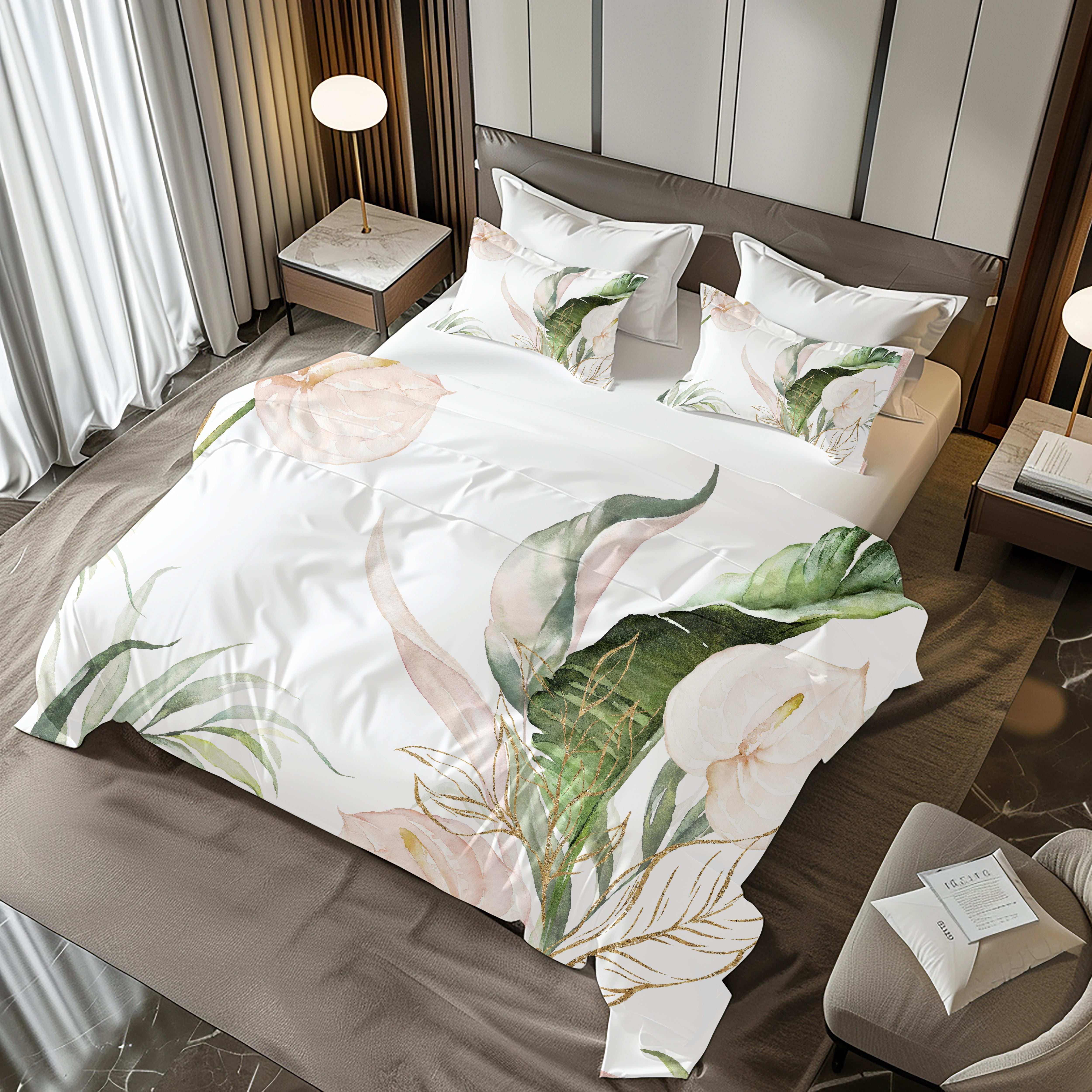 Floral Duvet, Pillow Cover | Green White Anthurium Bedroom Decor