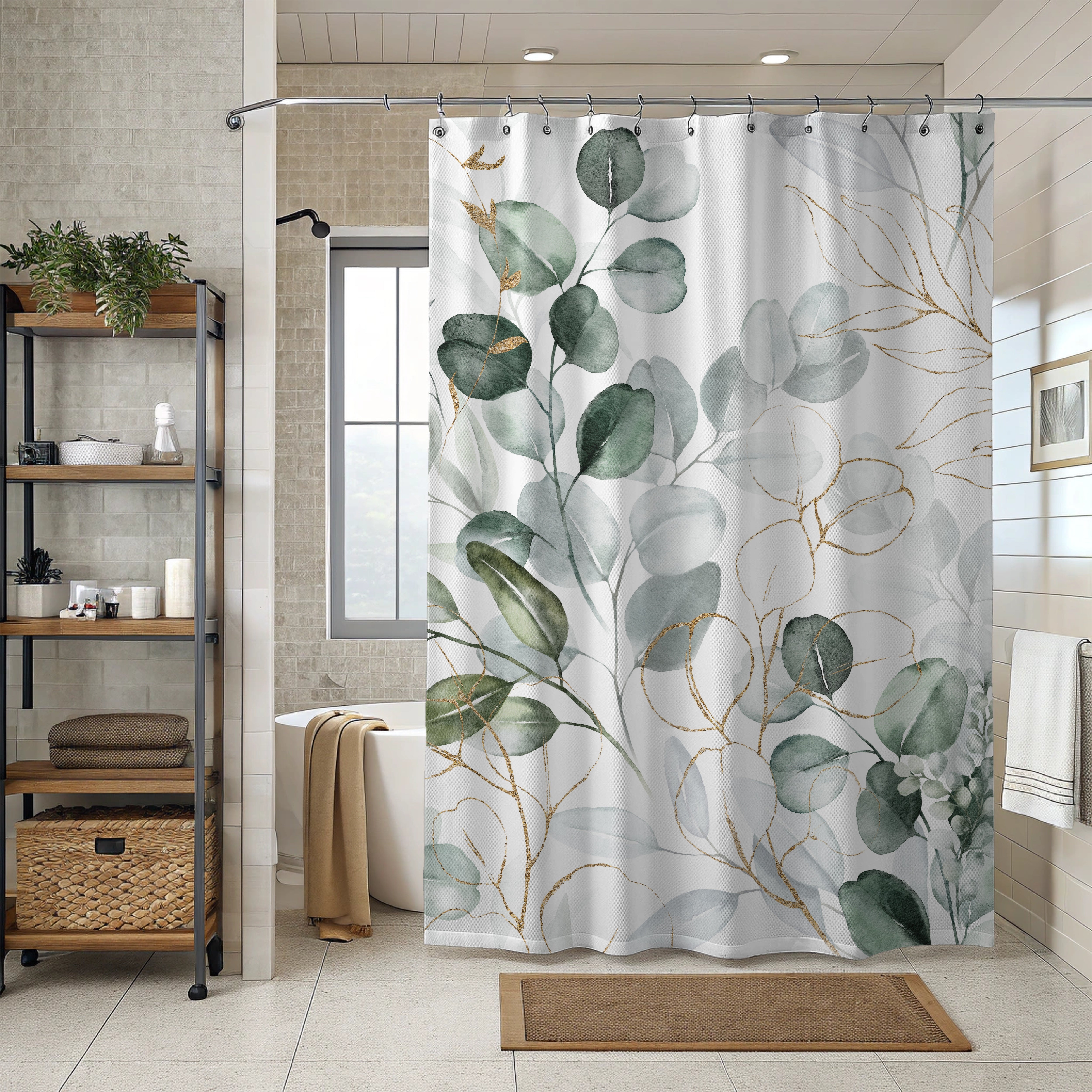 Sage Green White, Eucalyptus Leaves, Botanical Shower Curtain