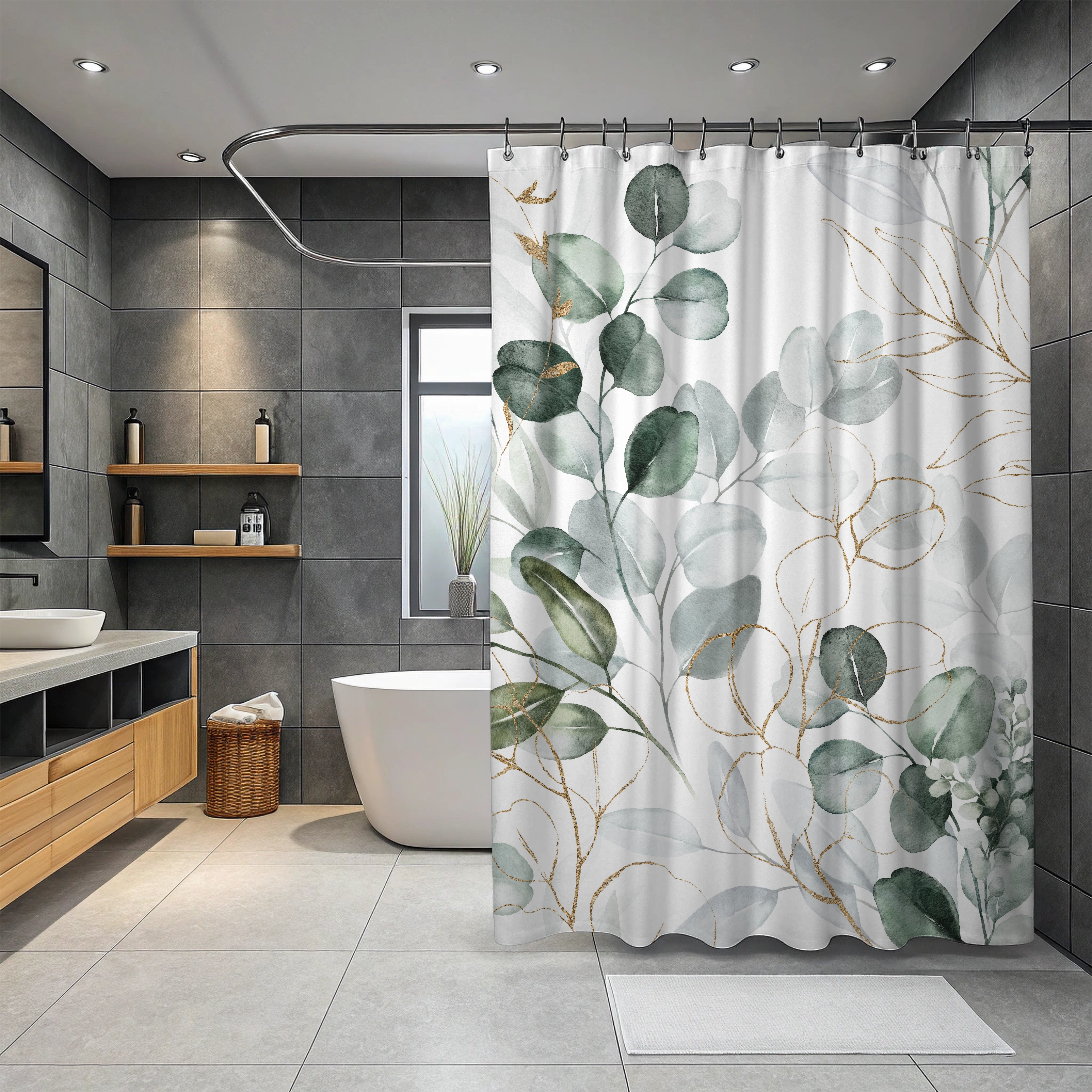 Sage Green White, Eucalyptus Leaves, Botanical Shower Curtain