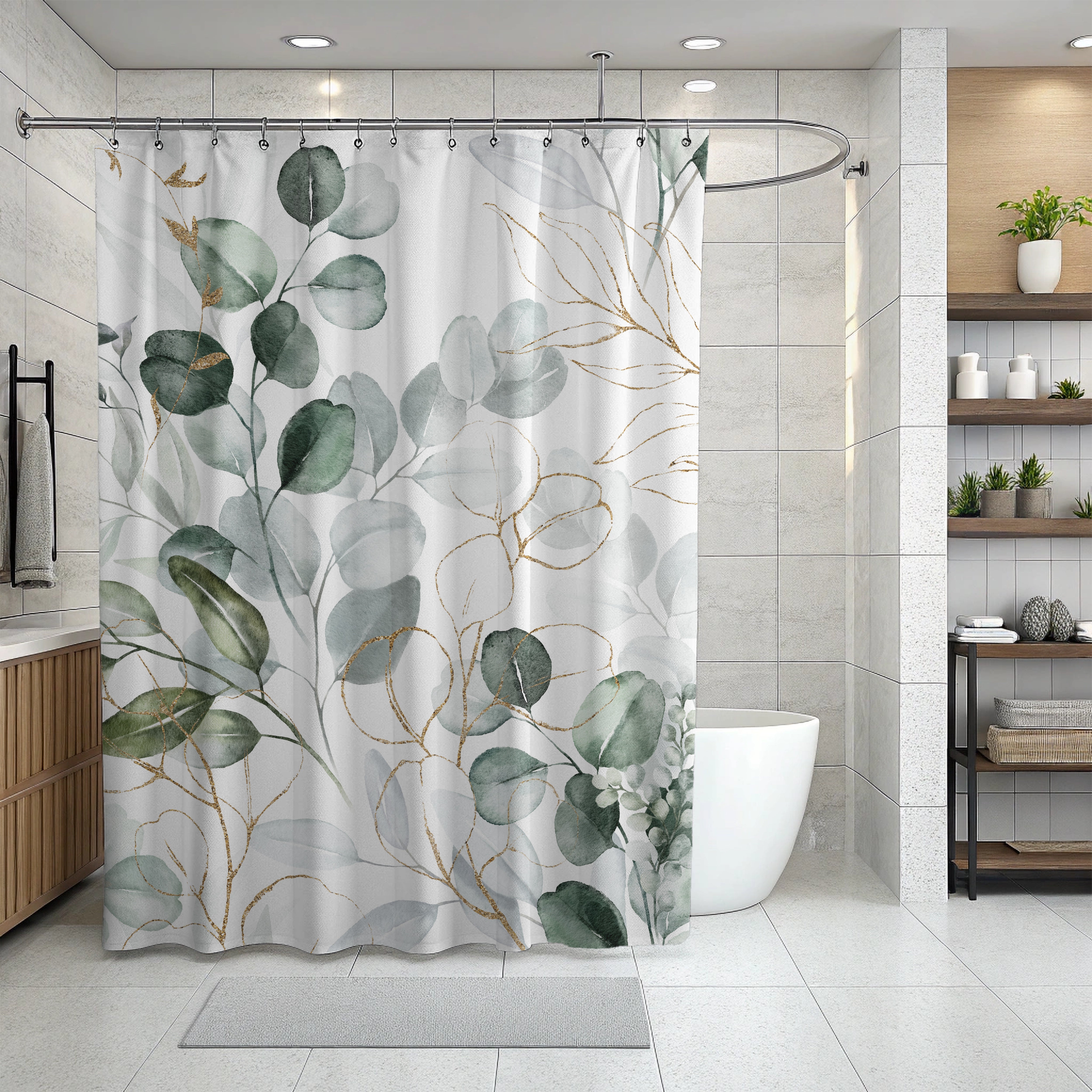 Sage Green White, Eucalyptus Leaves, Botanical Shower Curtain
