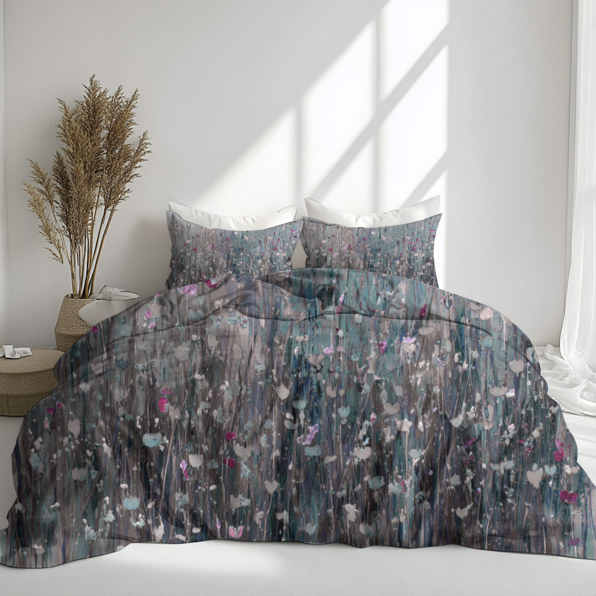 Floral Duvet, Pillow Cover | Grey Pink Bedroom Decor
