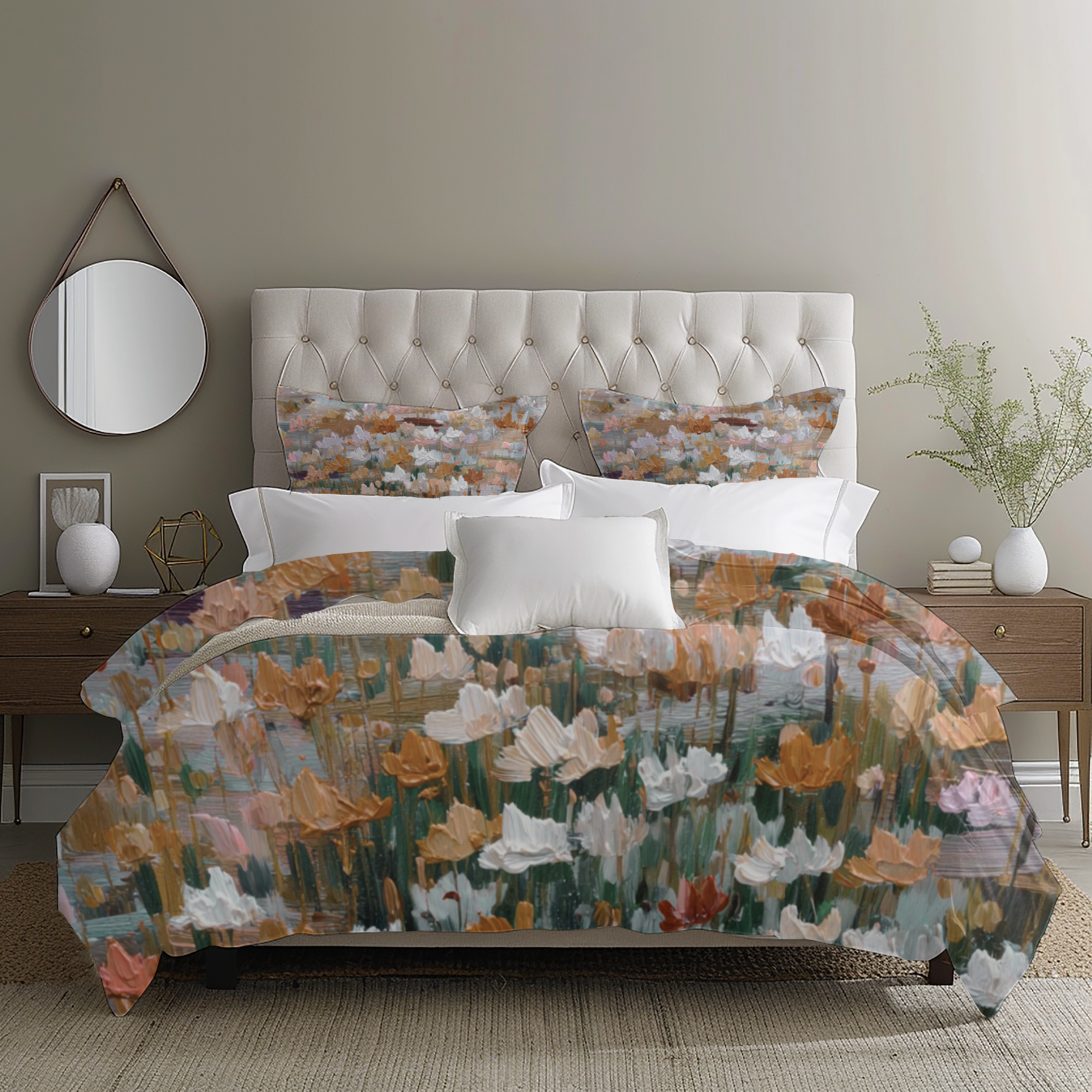 Floral Duvet, Pillow Cover | Grey Peach Bedroom Decor