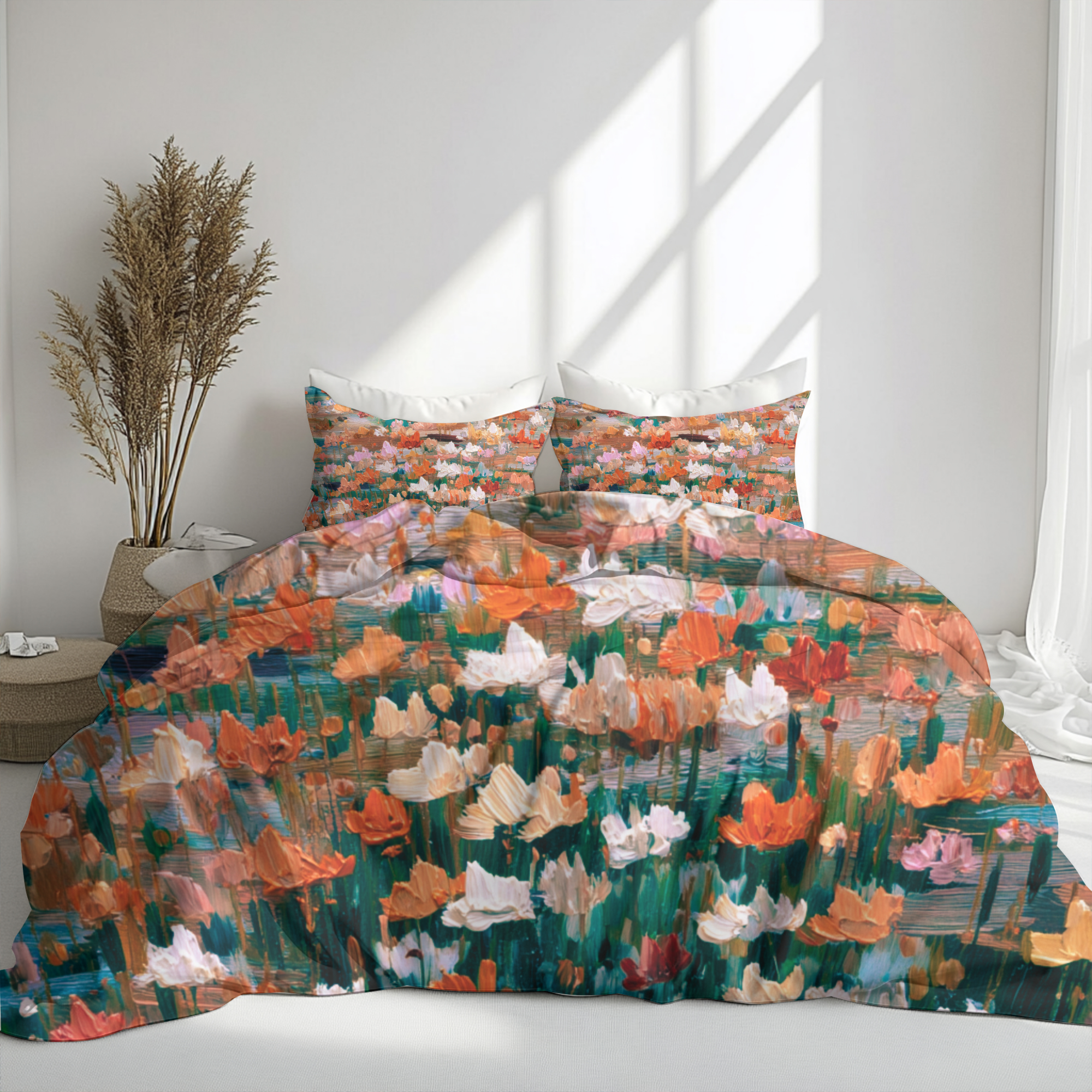 Floral Duvet, Pillow Cover | Orange Green Bedroom Decor