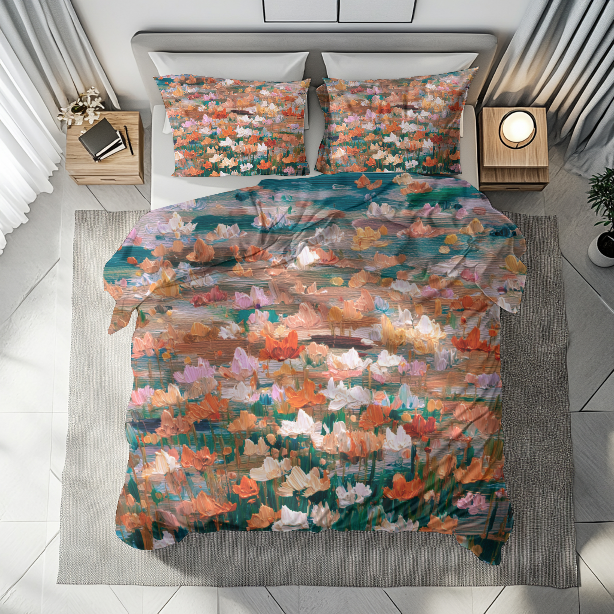 Floral Duvet, Pillow Cover | Orange Green Bedroom Decor