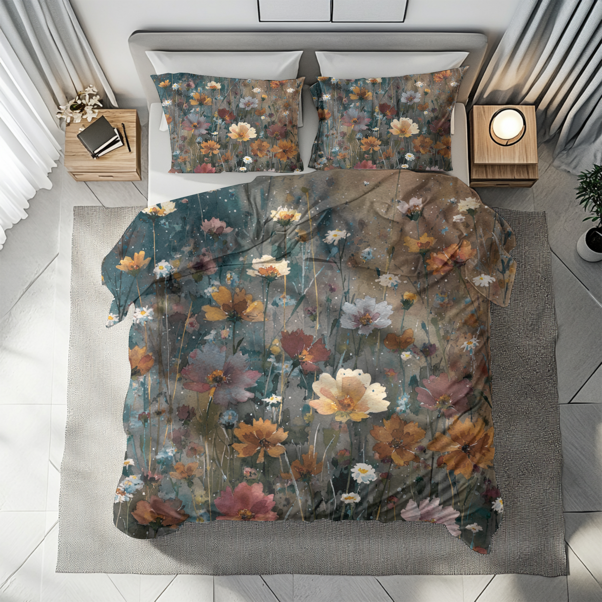 Floral Duvet, Pillow Cover | Teal Orange Bedroom Decor