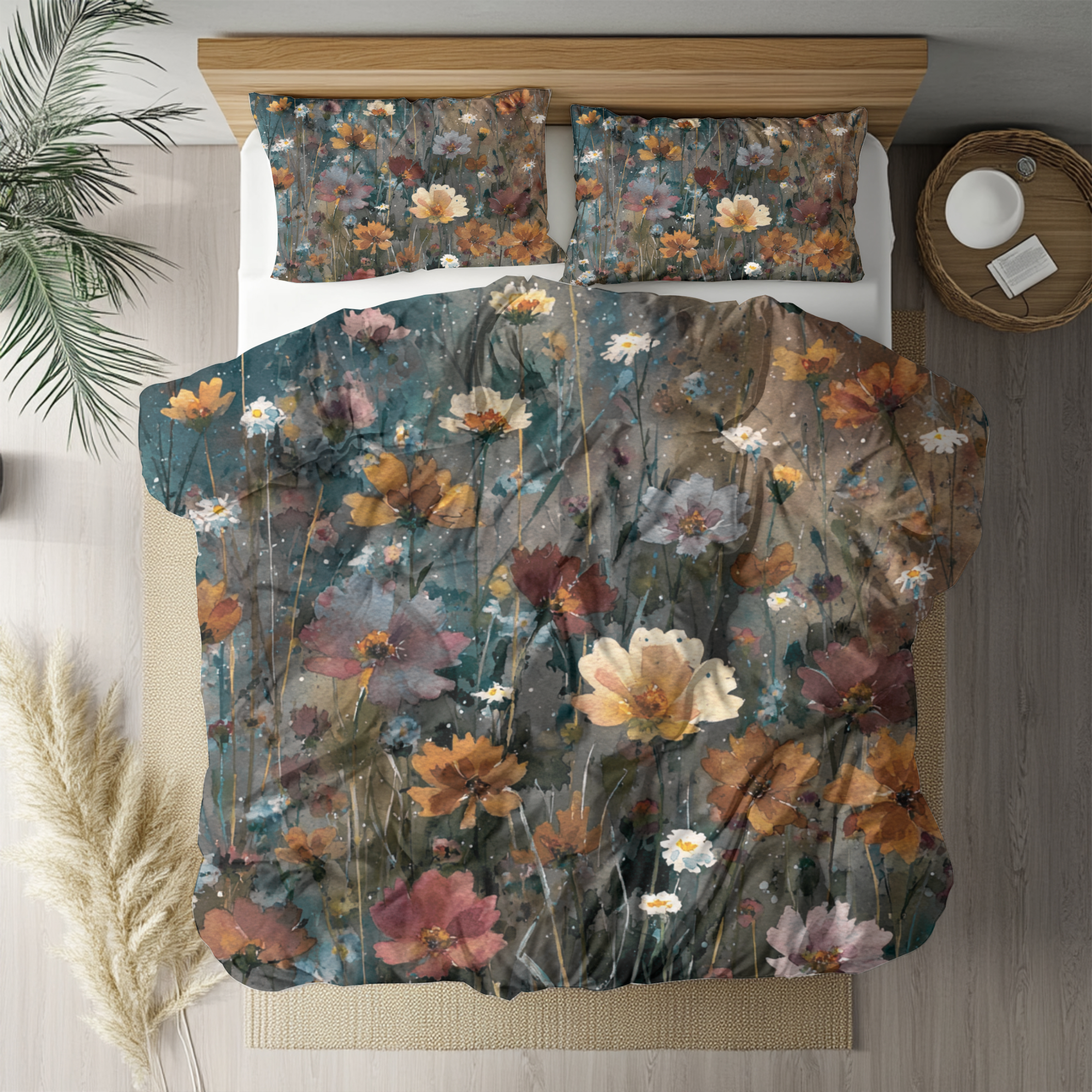 Floral Duvet, Pillow Cover | Teal Orange Bedroom Decor