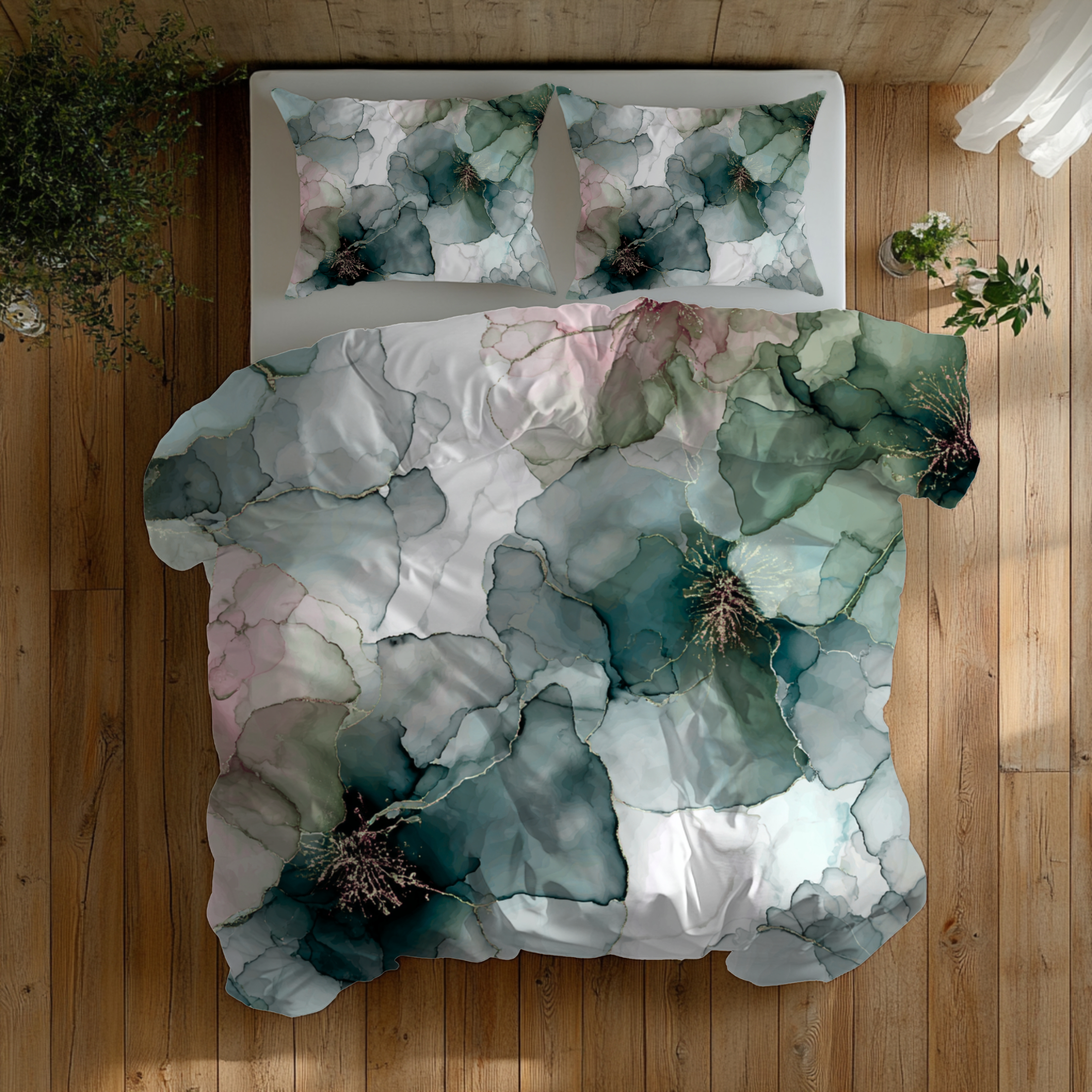 Floral Duvet, Pillow Cover | Green Pink Bedroom Decor
