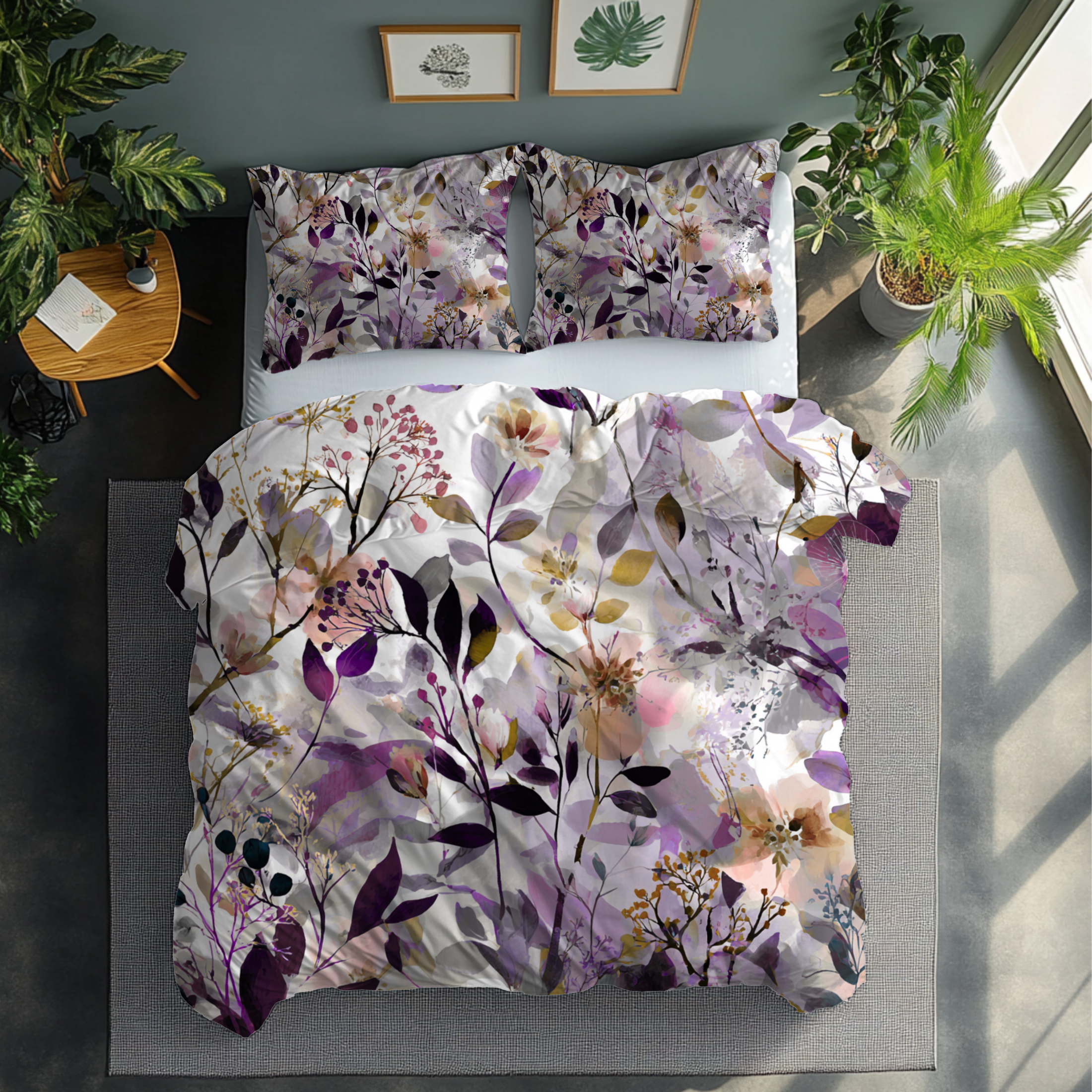 Floral Duvet, Pillow Cover | Purple Beige Bedroom Decor