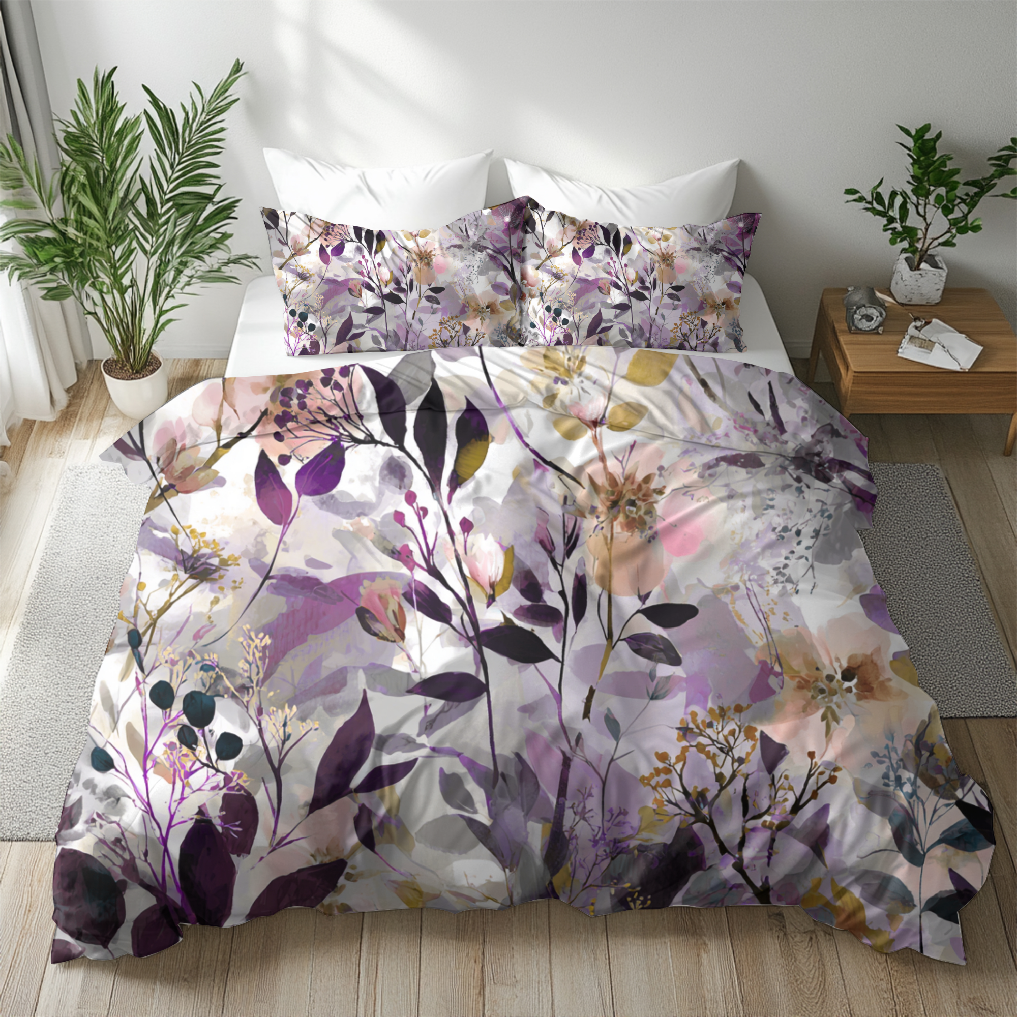 Floral Duvet, Pillow Cover | Purple Beige Bedroom Decor