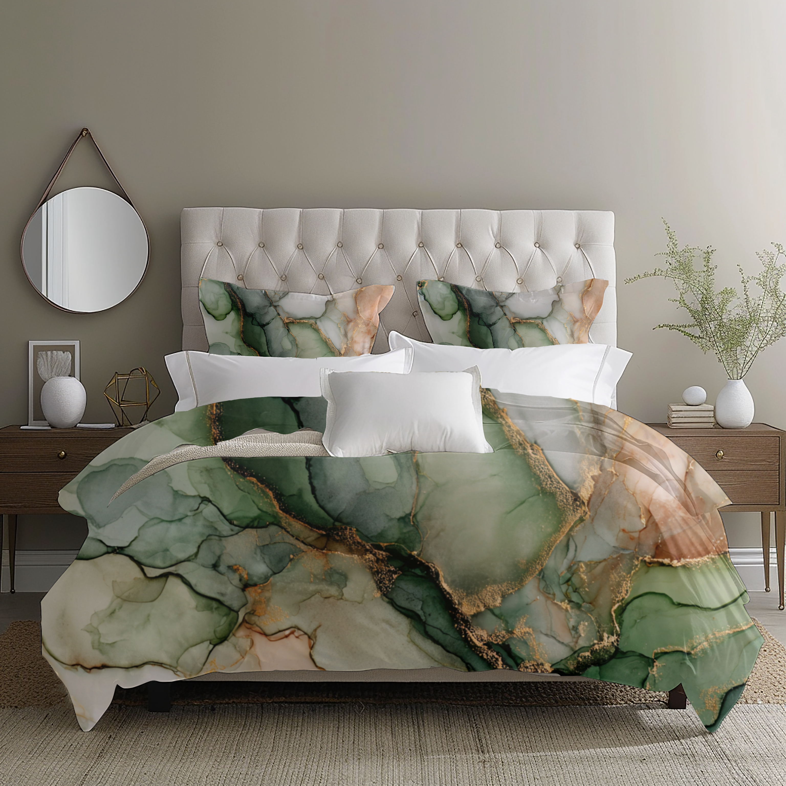 Floral Duvet, Pillow Cover | Green Beige Bedroom Decor