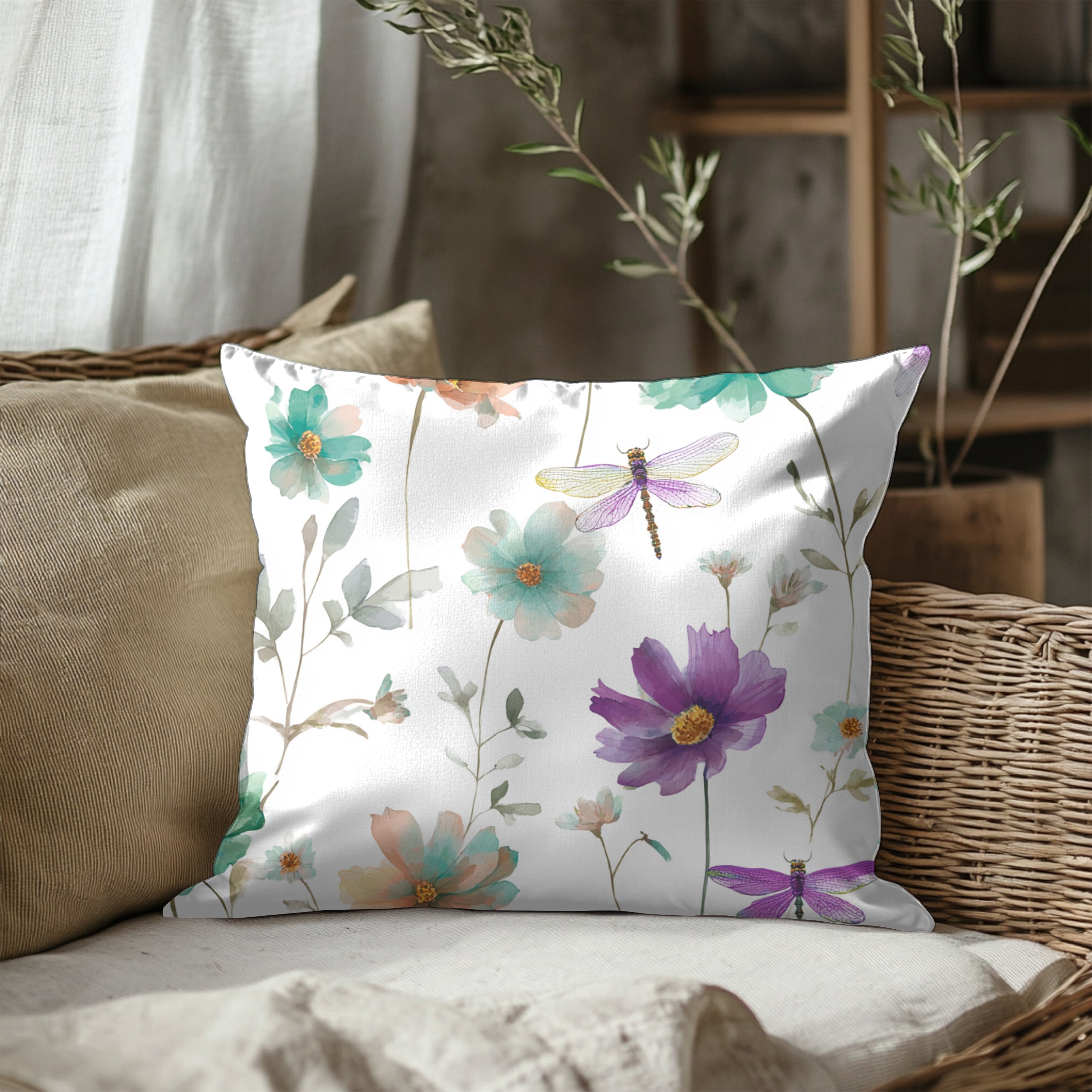 Floral Pillow Cover | Green Purple Watercolor Pillowcase