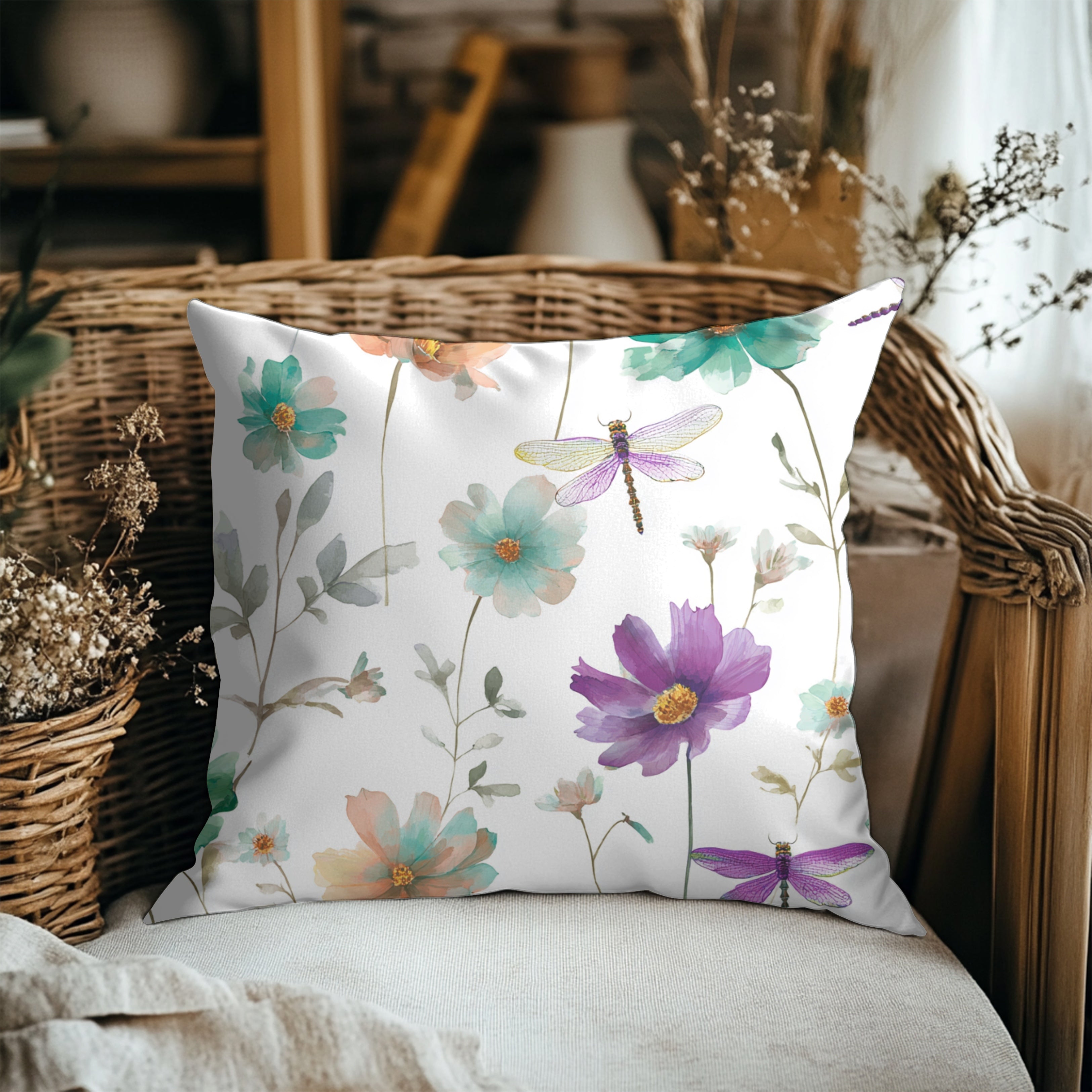 Floral Pillow Cover | Green Purple Watercolor Pillowcase