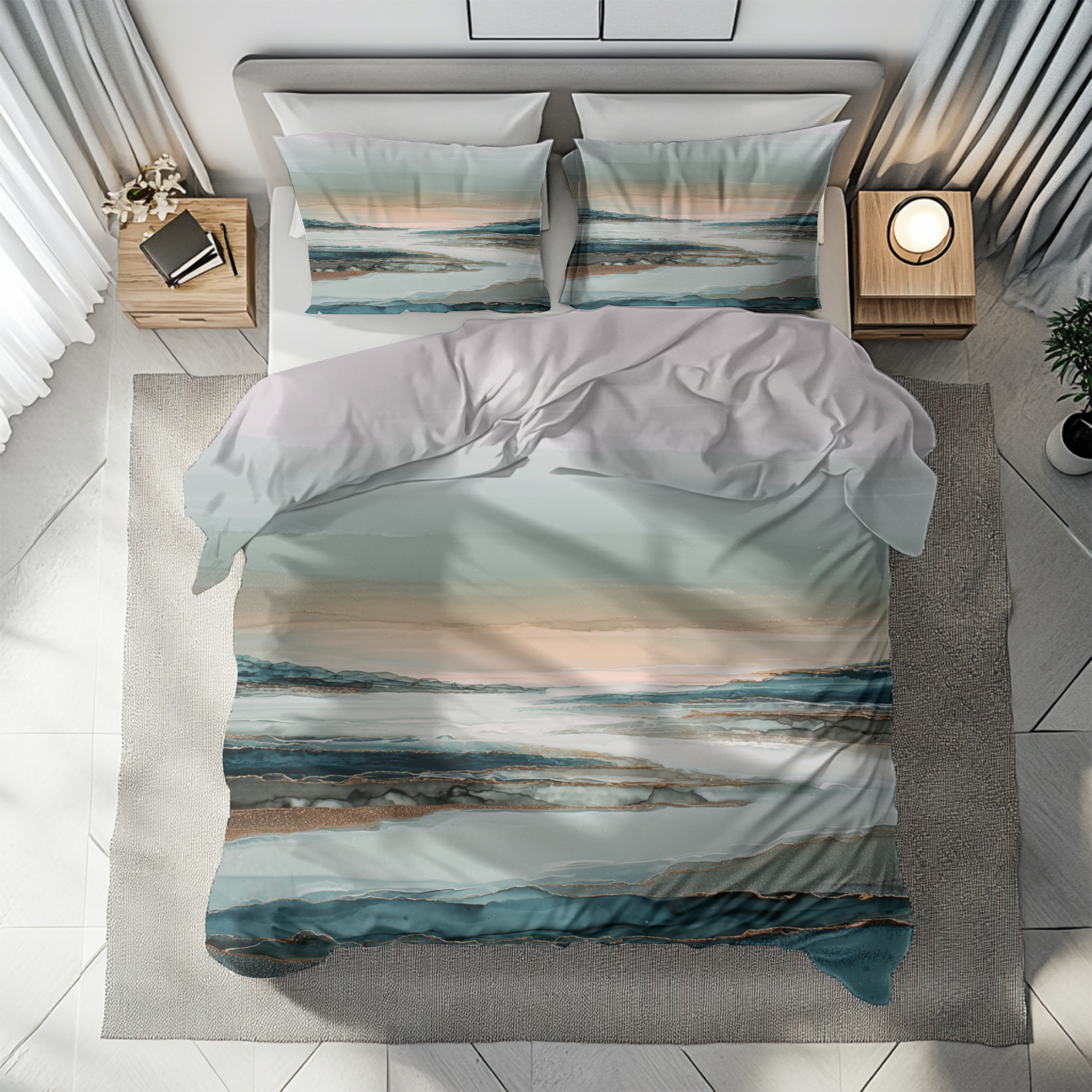 Modern Duvet, Pillow Cover | Blue Beige Bedroom Decor
