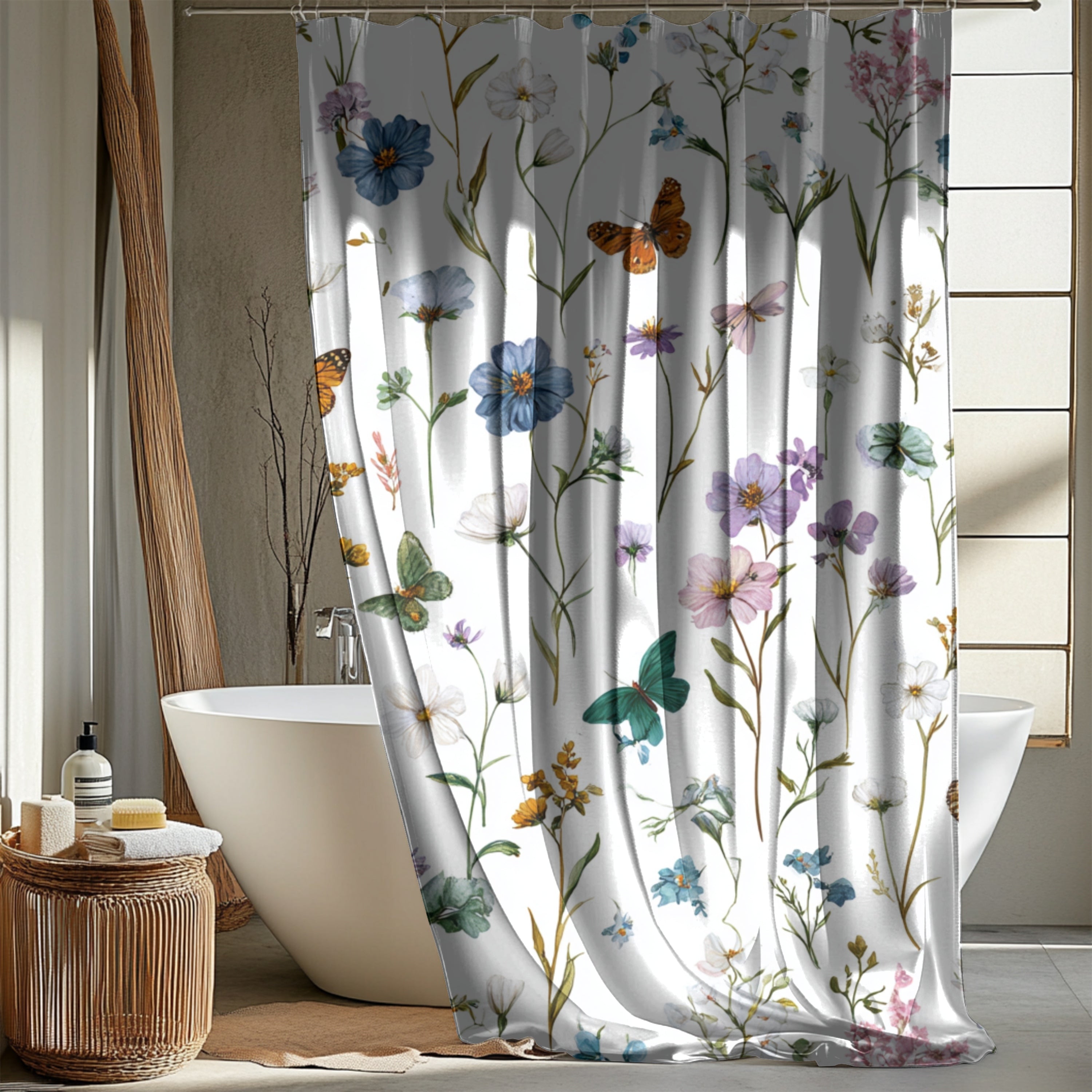 Floral Shower Curtain | Garden, Butterflies, Spa Bathroom Decor