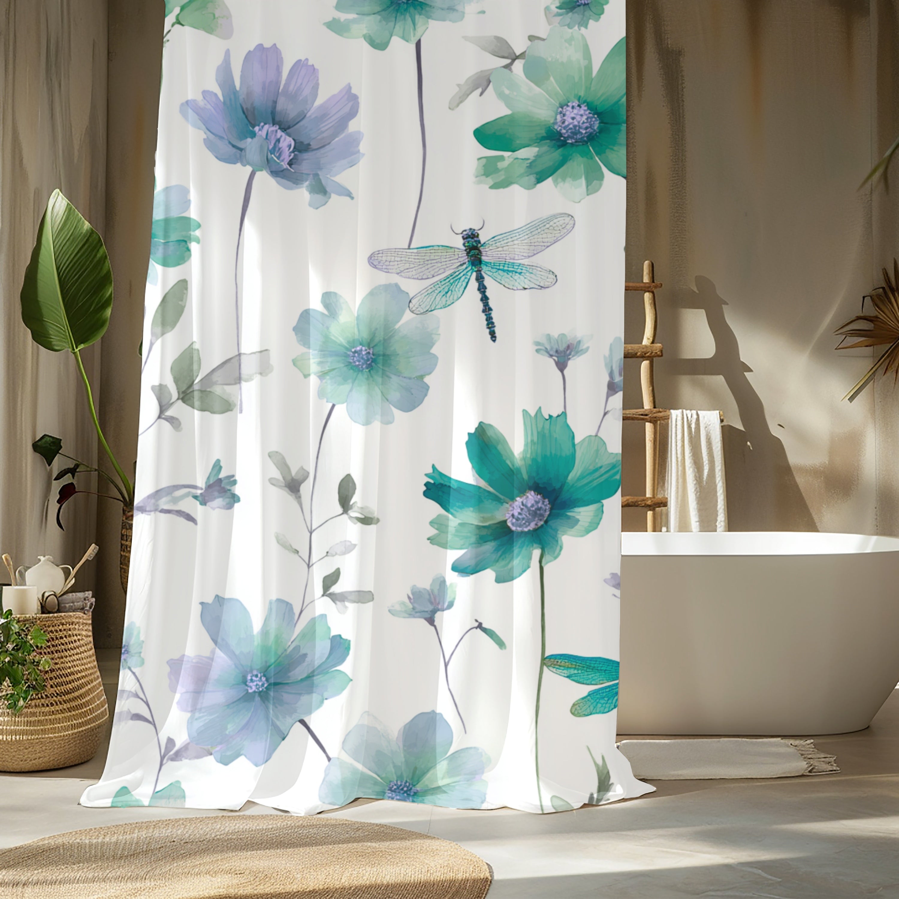 Floral Shower Curtain | Garden, Dragonfly, Spa Bathroom Decor