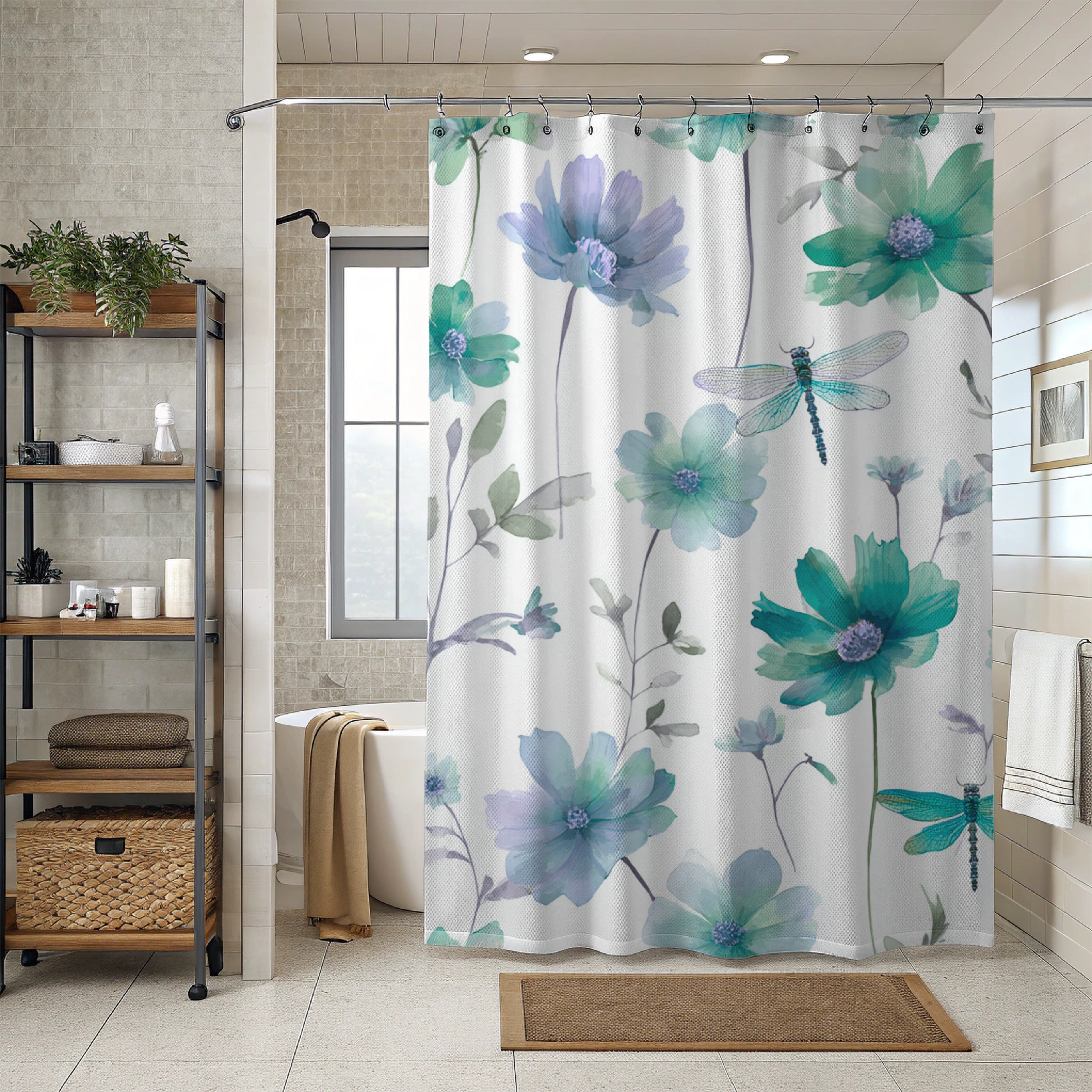 Floral Shower Curtain | Garden, Dragonfly, Spa Bathroom Decor