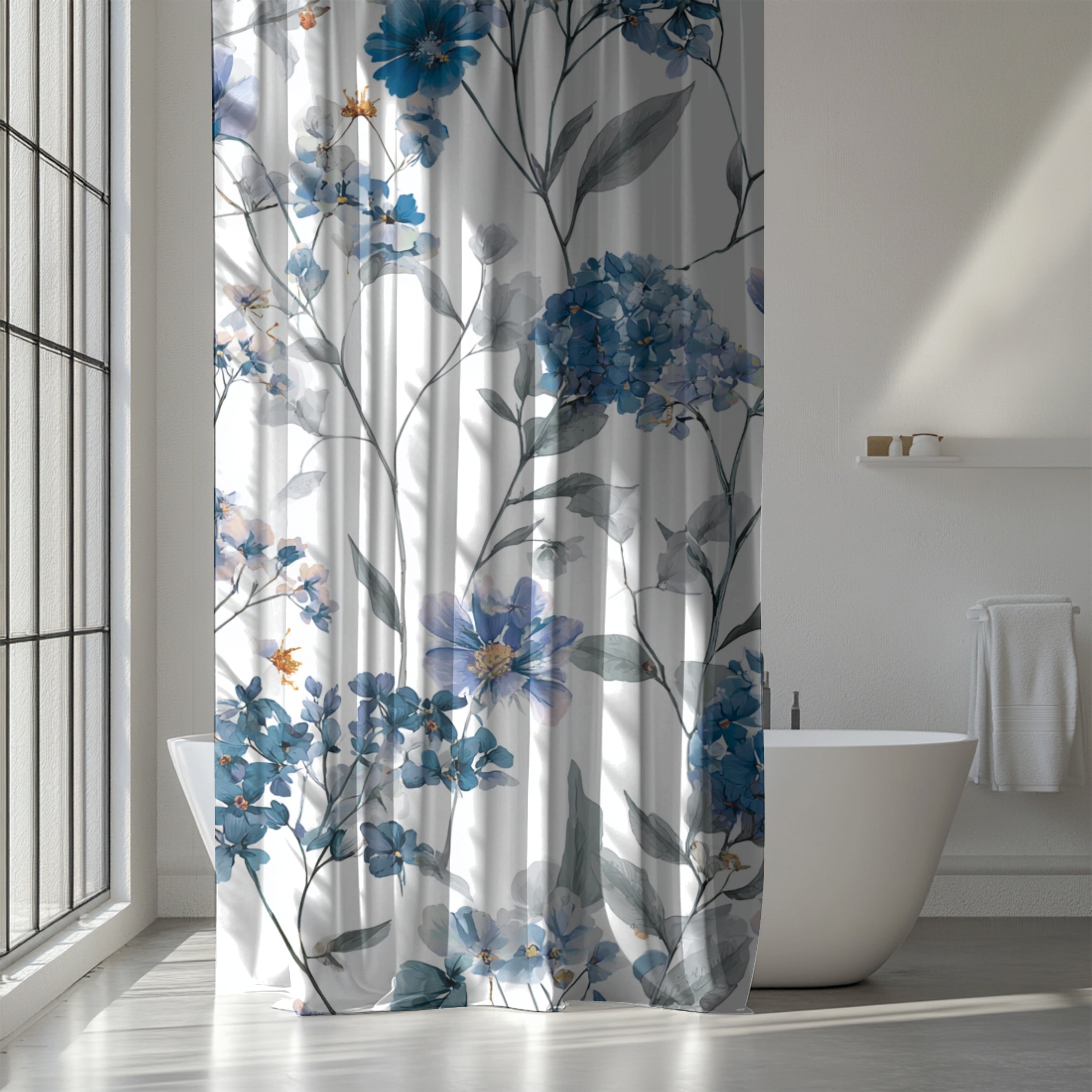 a bathroom with a floral patterned shower curtain hanging in front of a white bathtub. The curtain has blue and white flowers and leaves, creating a visually appealing and modern design.