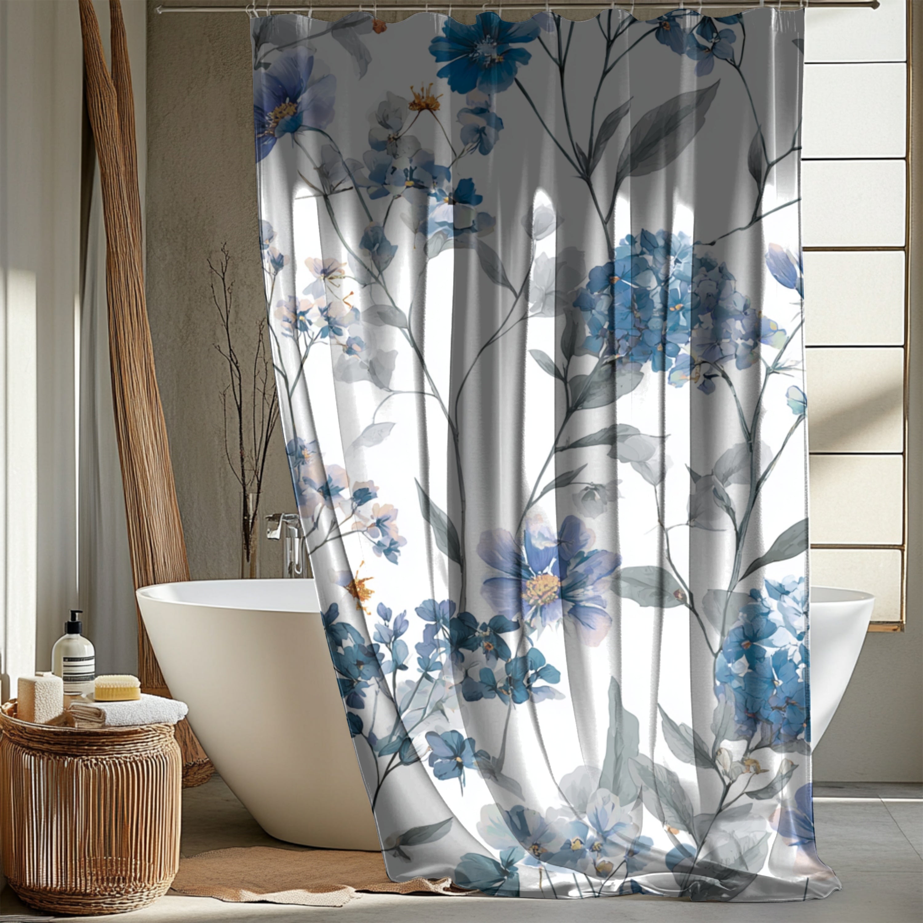 a bathroom with a white bathtub, a shower curtain with a floral pattern, and a wicker basket on the floor.