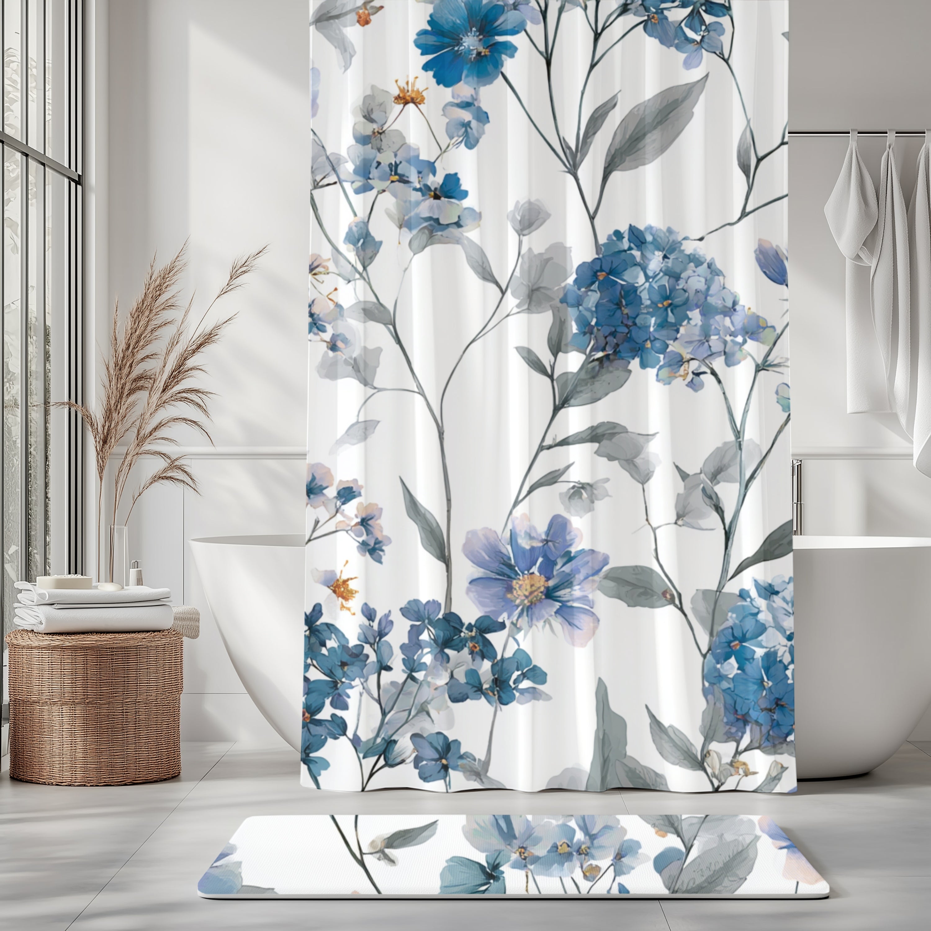 a bathroom with a shower curtain adorned with a floral pattern in shades of blue and white. The shower curtain is hanging in front of a white bathtub, and there is a rug on the floor in front of the bathtub. The bathroom also includes a window, a towel rack, and a potted plant.