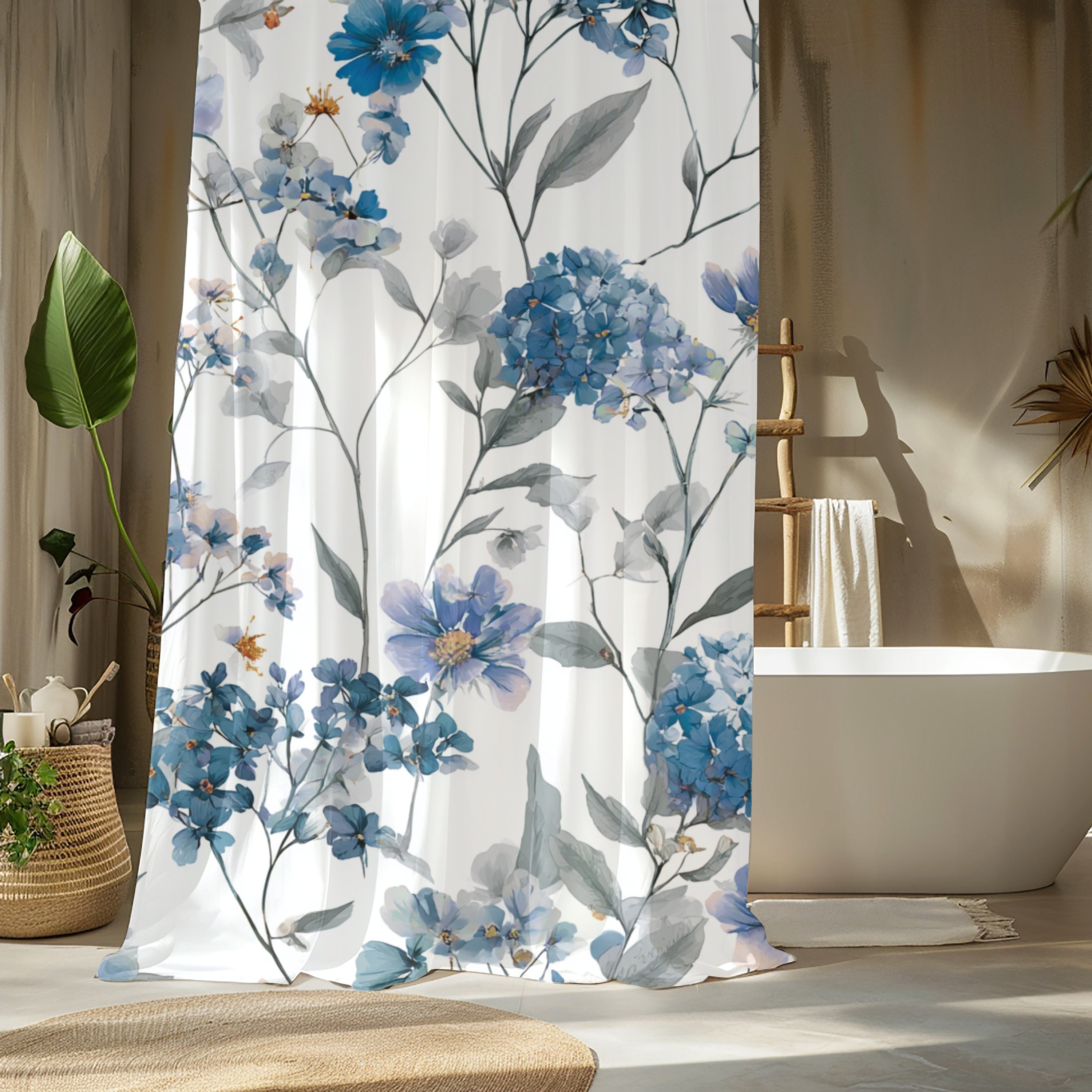 a bathroom with a floral patterned shower curtain, a white bathtub, and various decorative elements such as a potted plant and a towel rack.