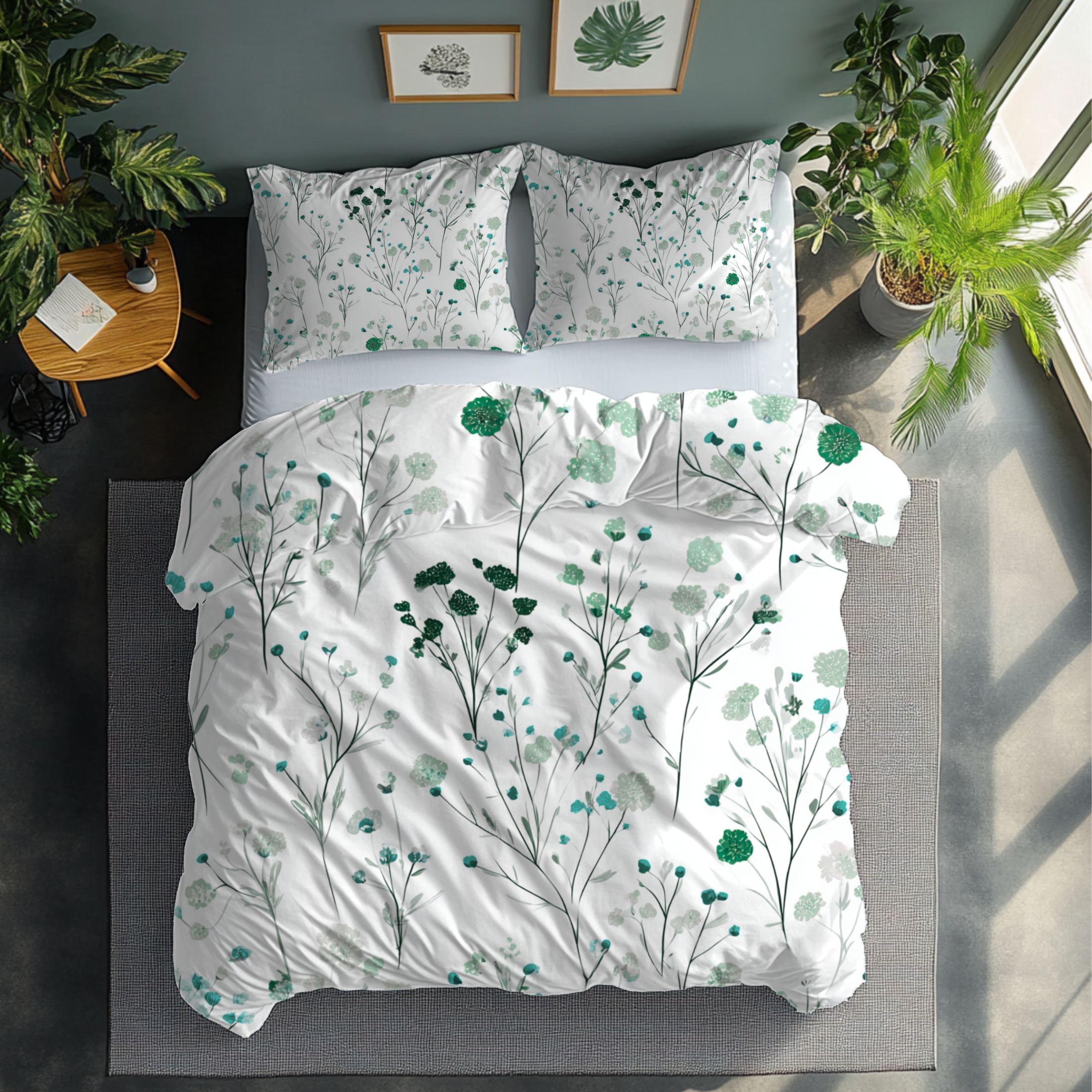 Floral Modern Duvet, Pillow Cover | White Green Bedroom Decor