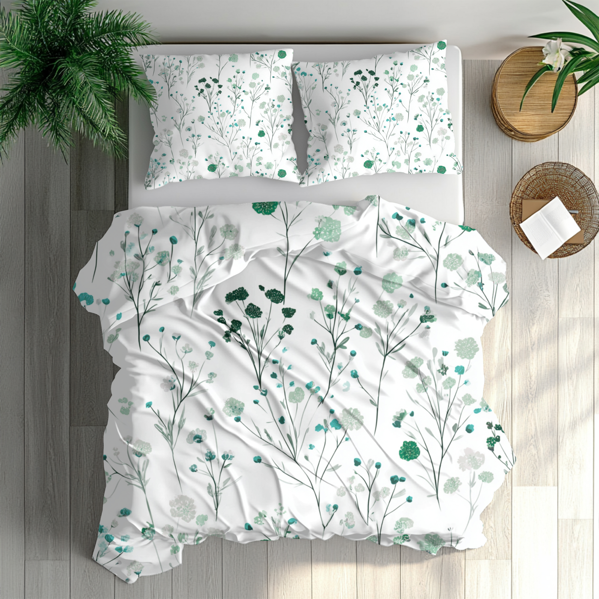 Floral Modern Duvet, Pillow Cover | White Green Bedroom Decor