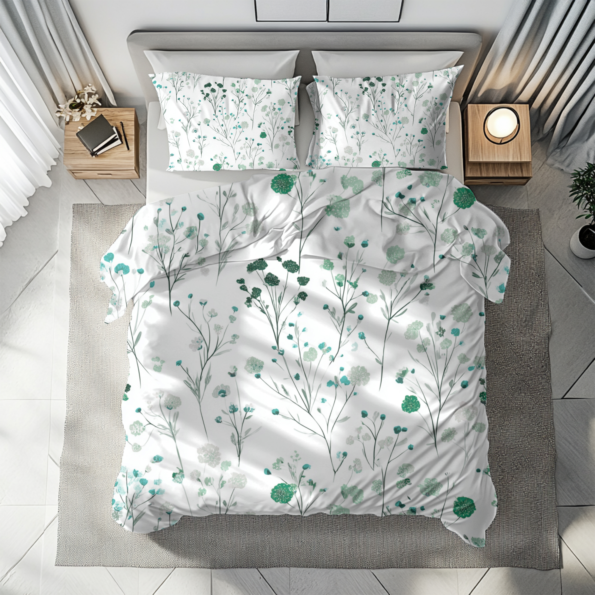 Floral Modern Duvet, Pillow Cover | White Green Bedroom Decor