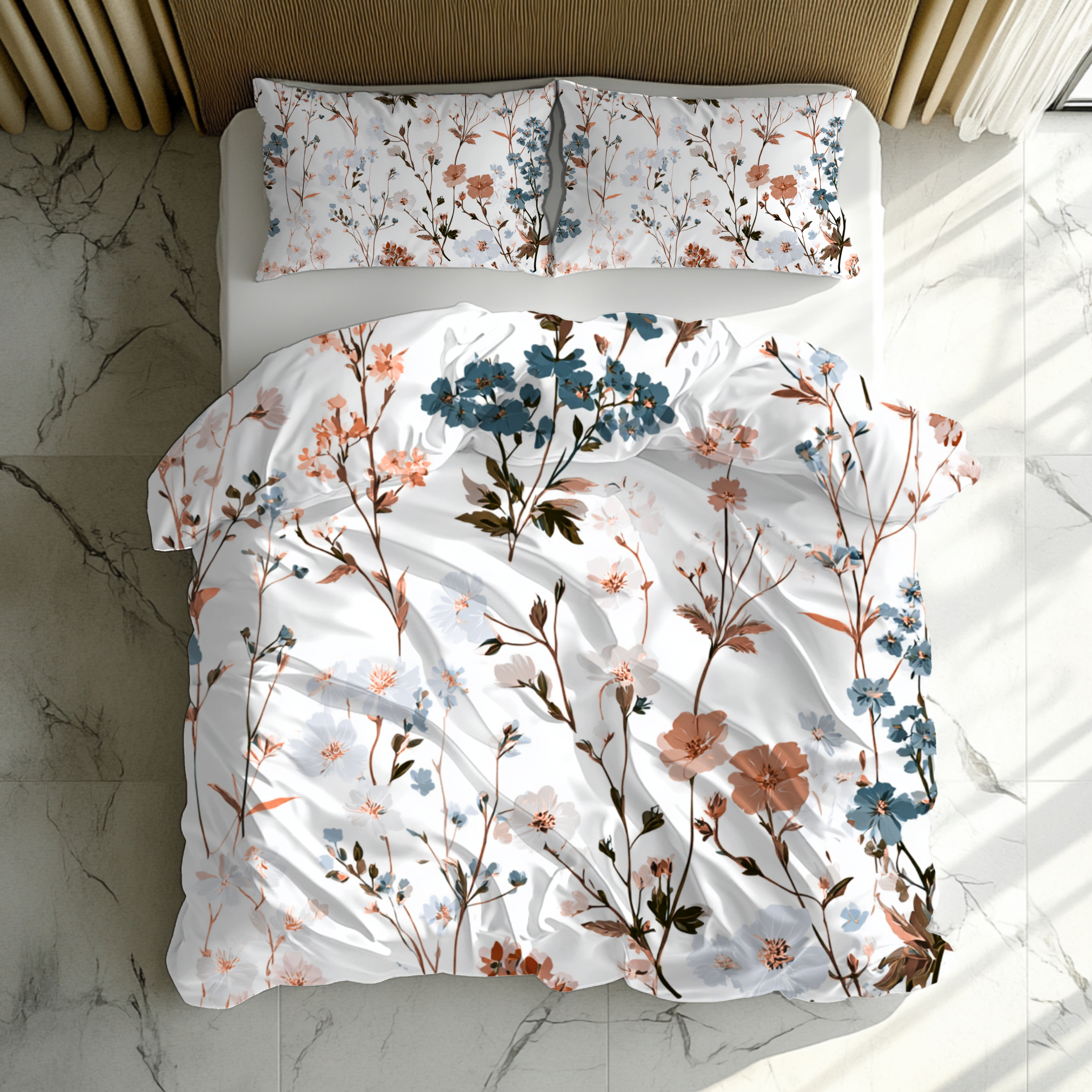 Floral Modern Duvet, Pillow Cover | White Beige Bedroom Decor