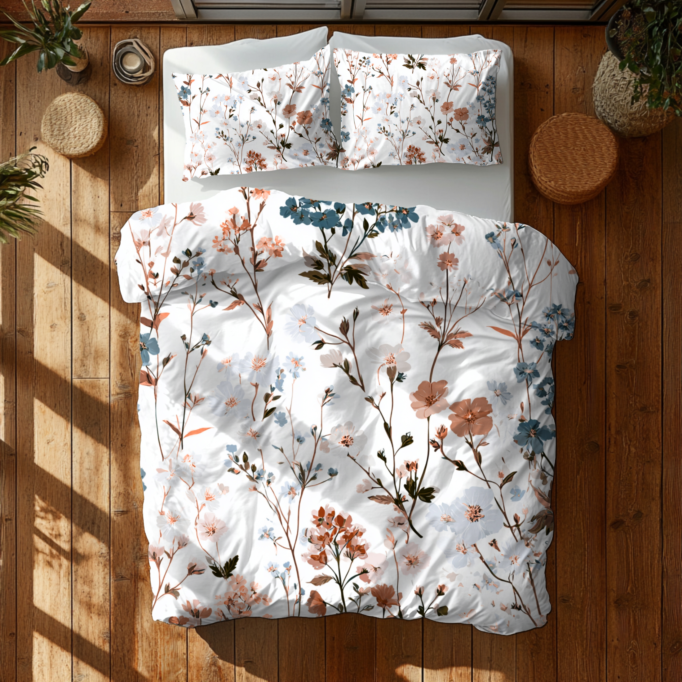 Floral Modern Duvet, Pillow Cover | White Beige Bedroom Decor
