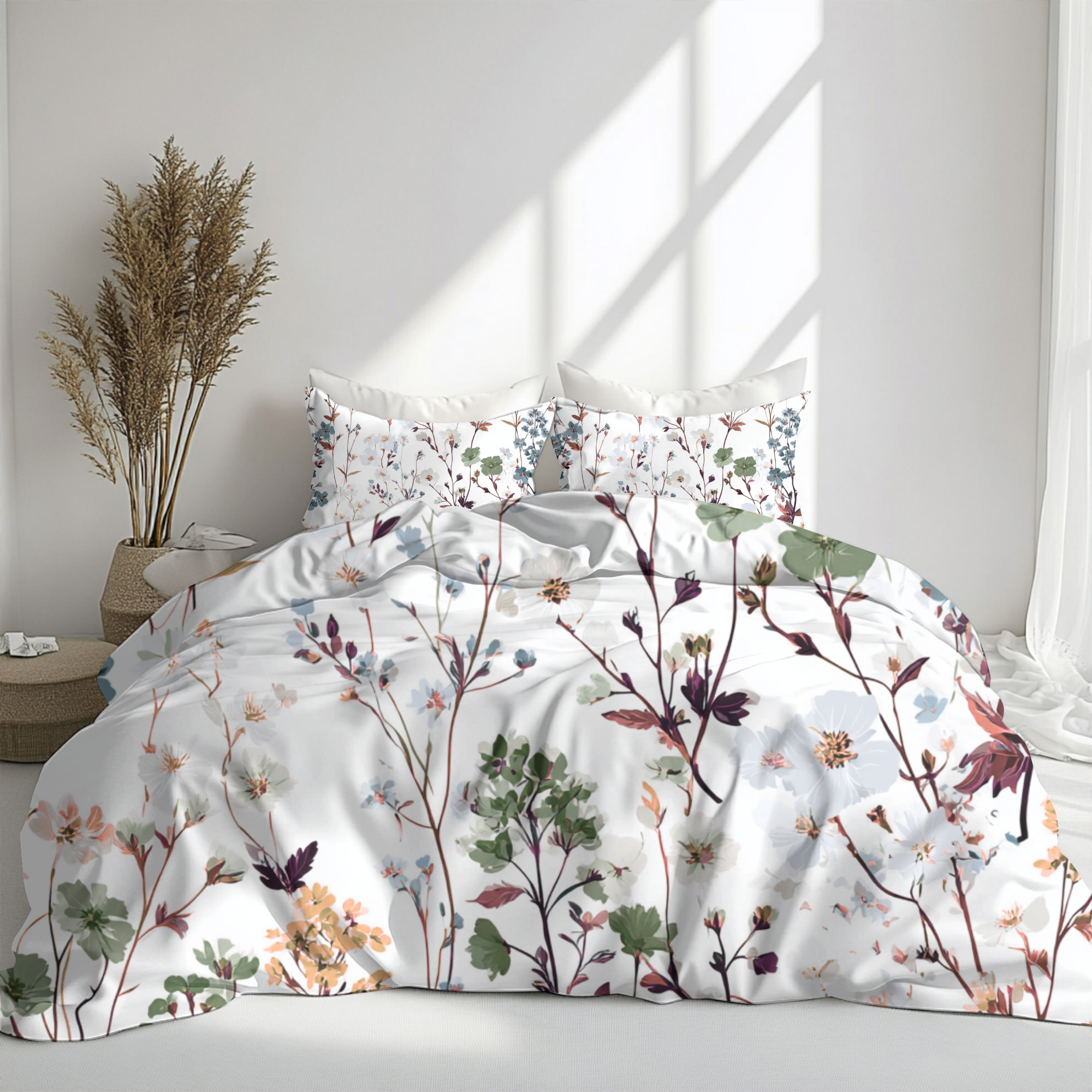 Floral Modern Duvet, Pillow Cover | White Pink Bedroom Decor
