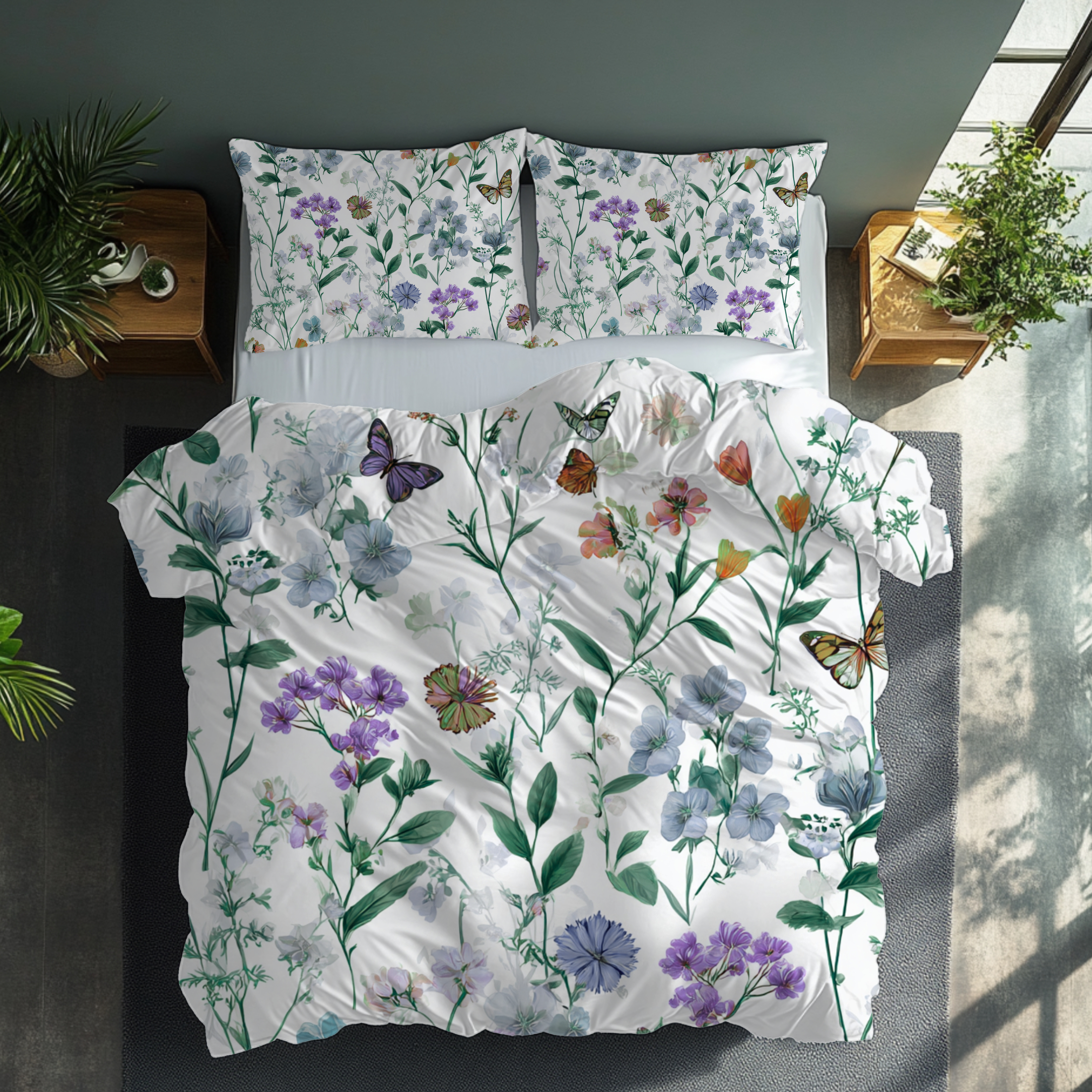 Floral Modern Duvet, Pillow Cover | White Green Bedroom Decor