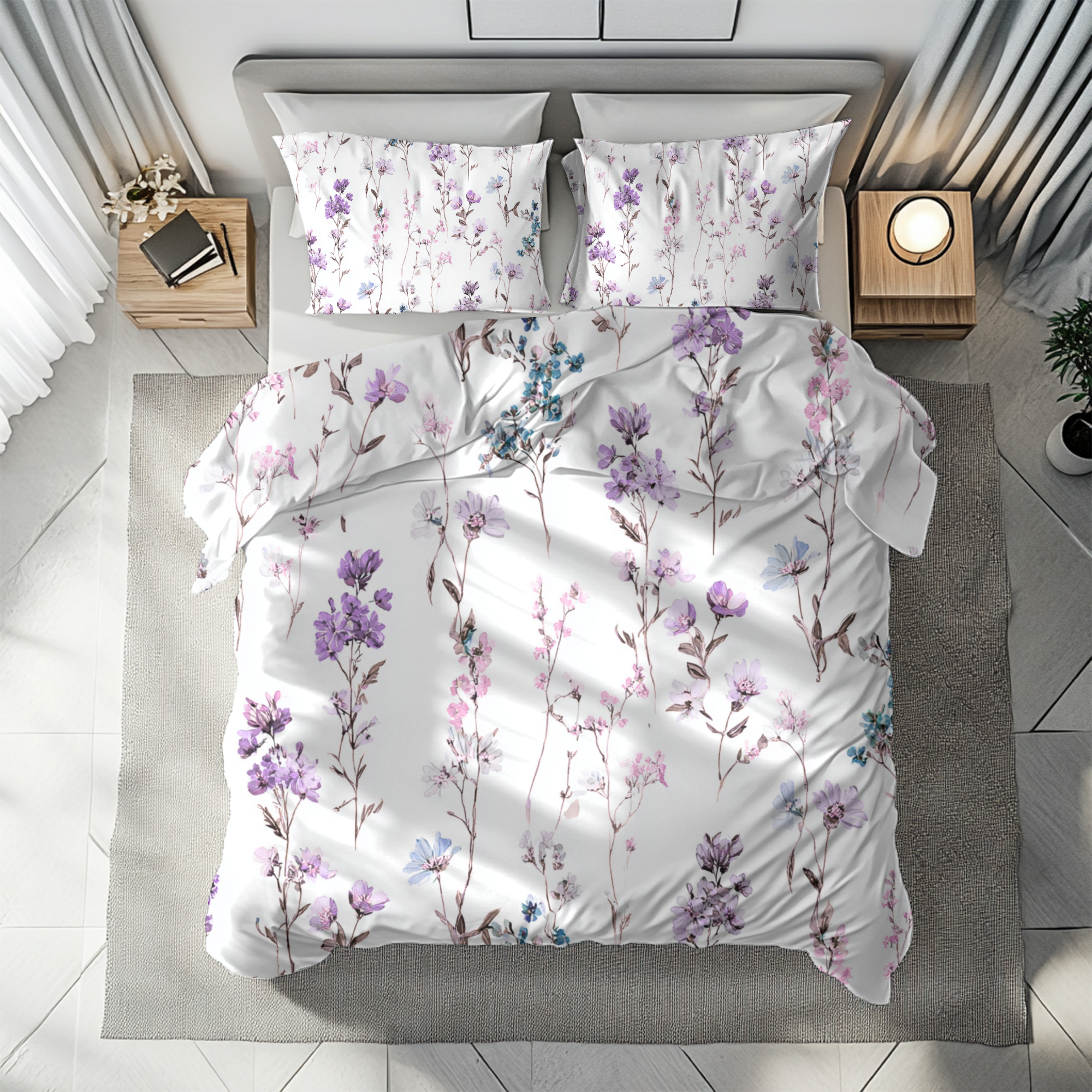 Floral Modern Duvet, Pillow Cover | White Purple Bedroom Decor
