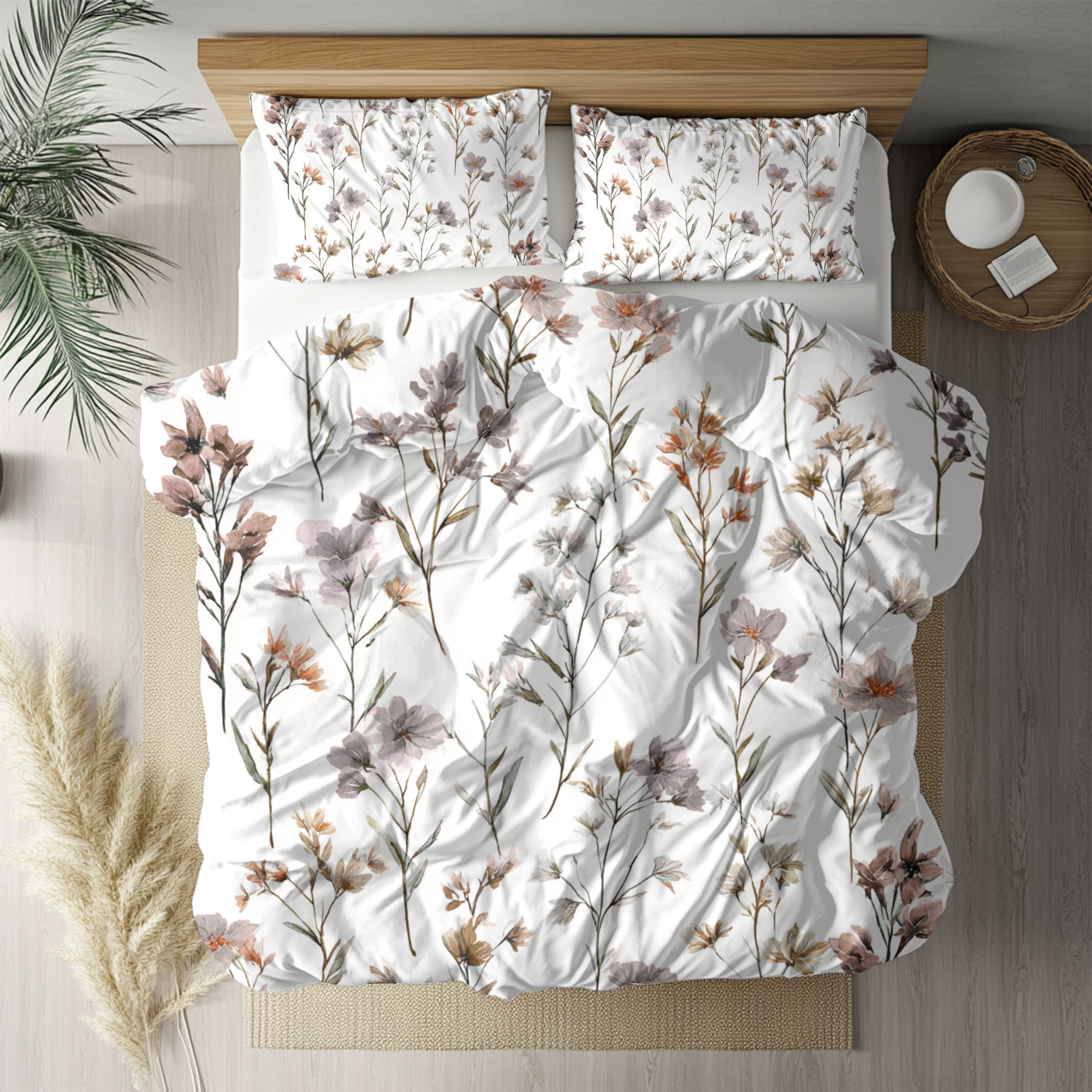 Floral Modern Duvet, Pillow Cover | White Beige Bedroom Decor