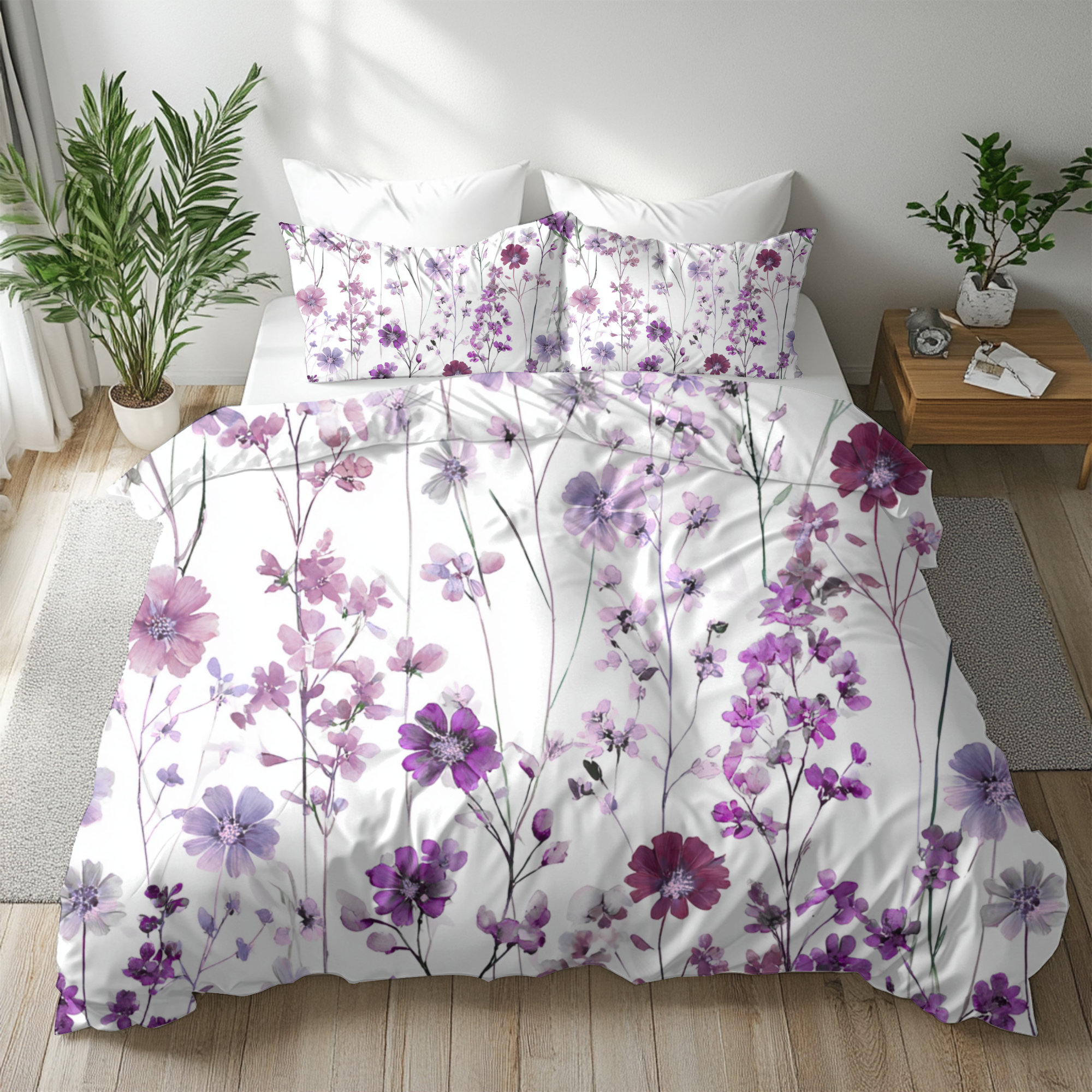 Floral Modern Duvet, Pillow Cover | White Purple Bedroom Decor