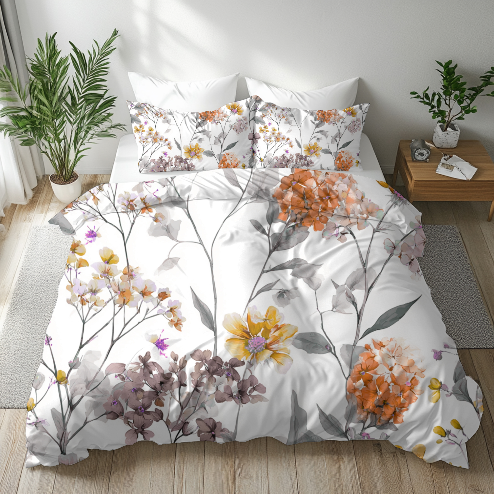 Floral Modern Duvet, Pillow Cover | White Orange Bedroom Decor