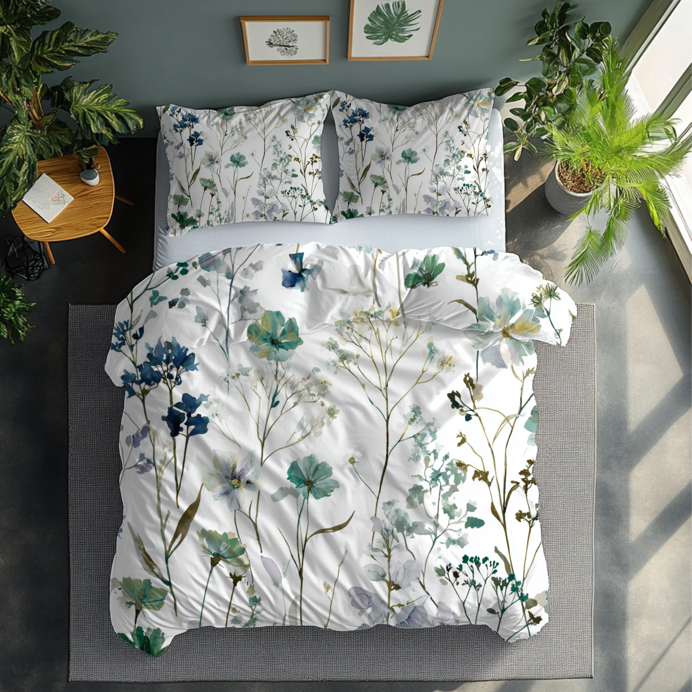 Floral Modern Duvet, Pillow Cover | White Green Bedroom Decor