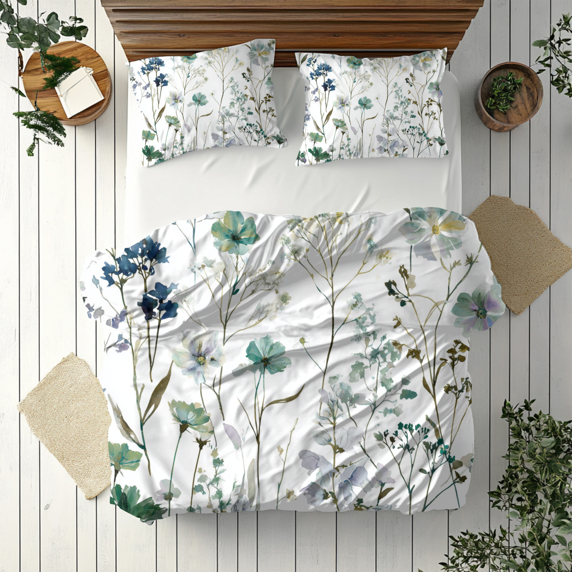 Floral Modern Duvet, Pillow Cover | White Green Bedroom Decor