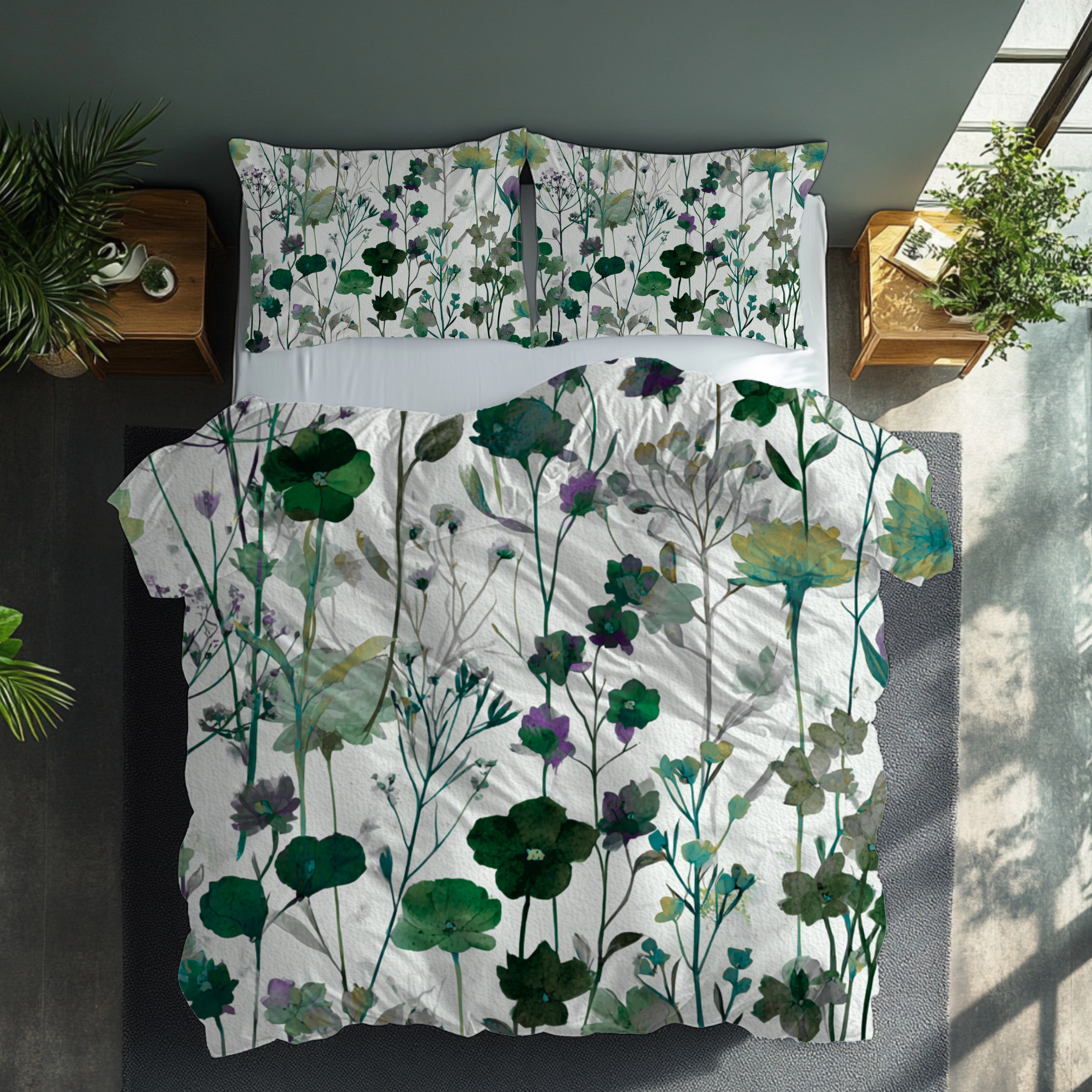 Floral Modern Duvet, Pillow Cover | White Green Bedroom Decor