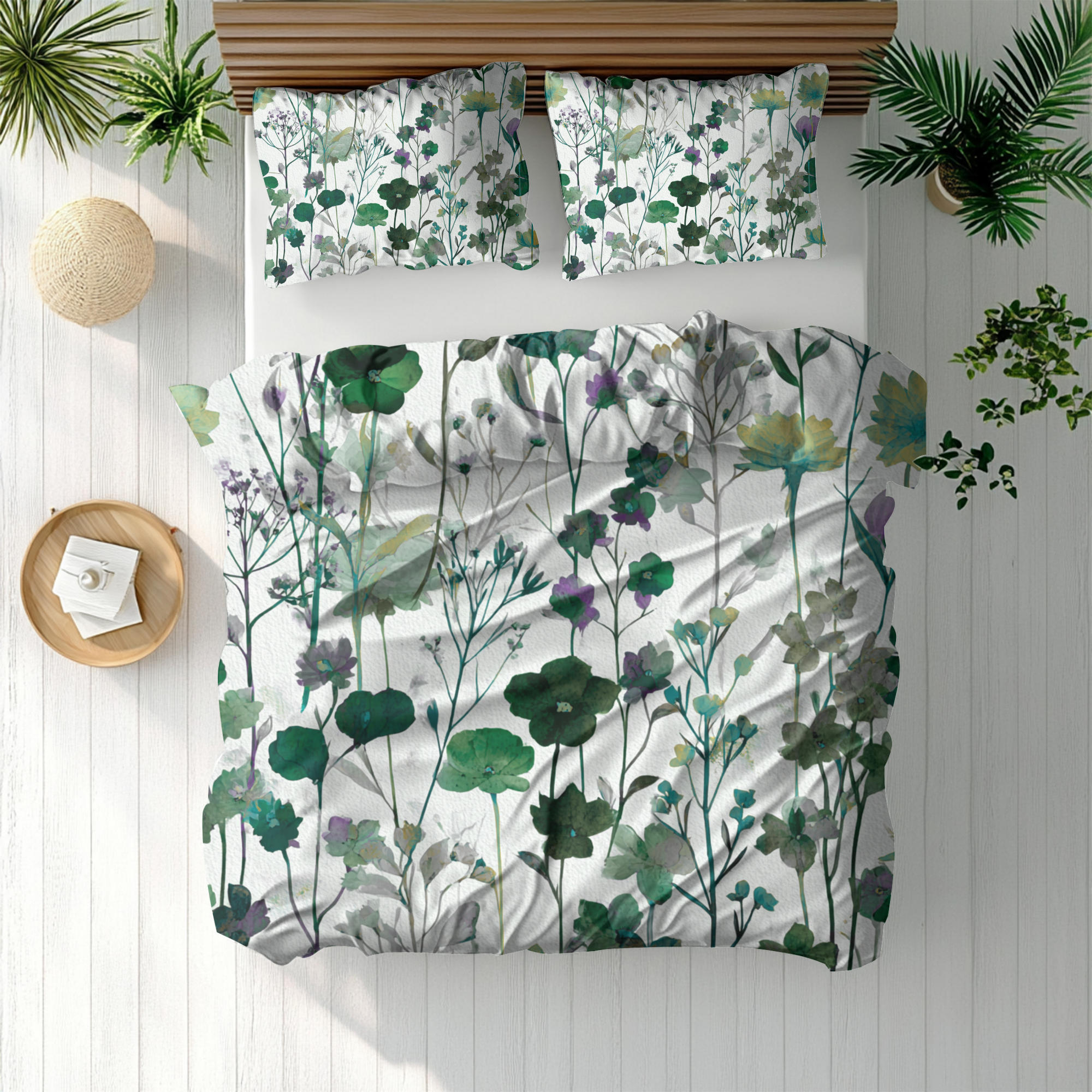 Floral Modern Duvet, Pillow Cover | White Green Bedroom Decor