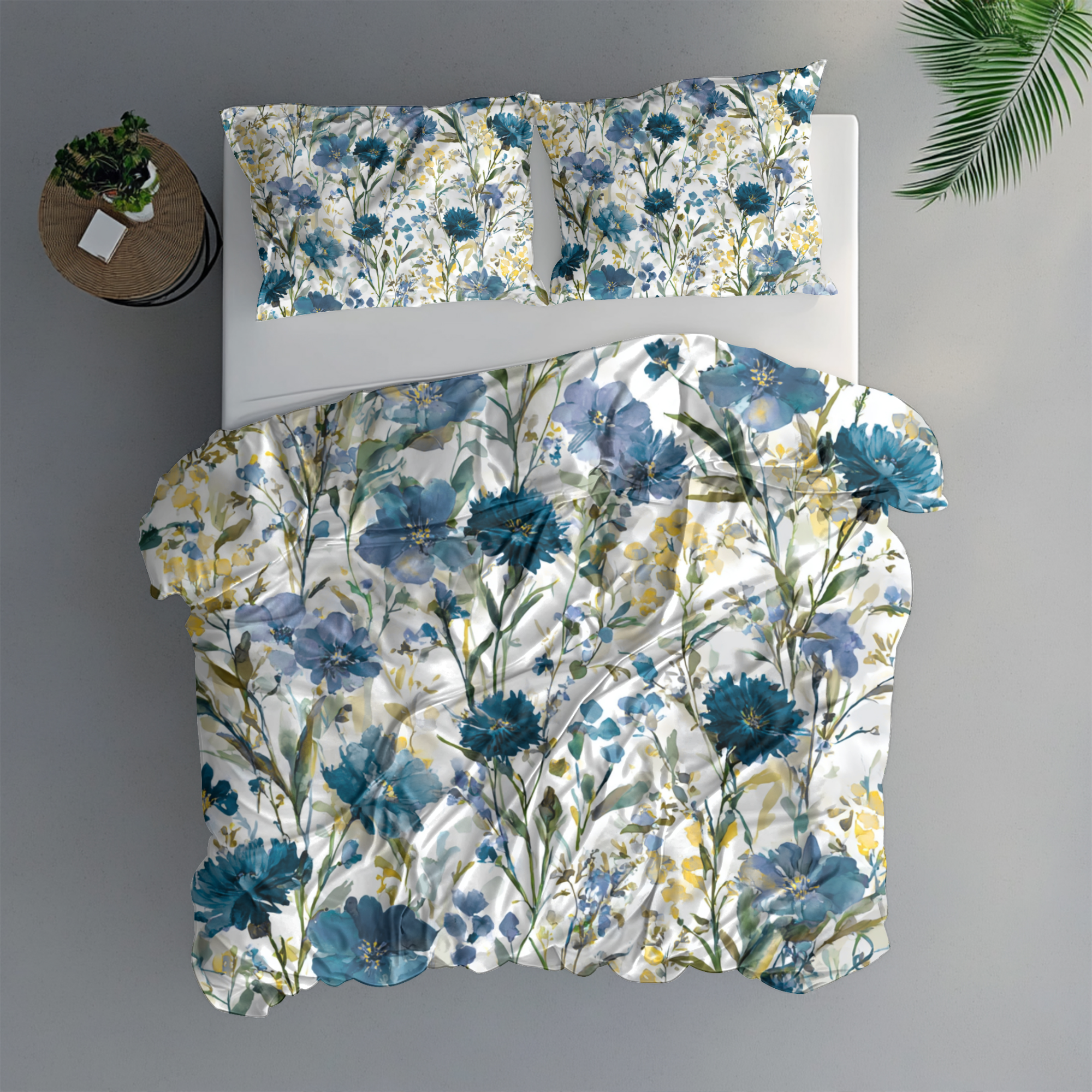 Floral Modern Duvet, Pillow Cover | Blue Yellow Bedroom Decor