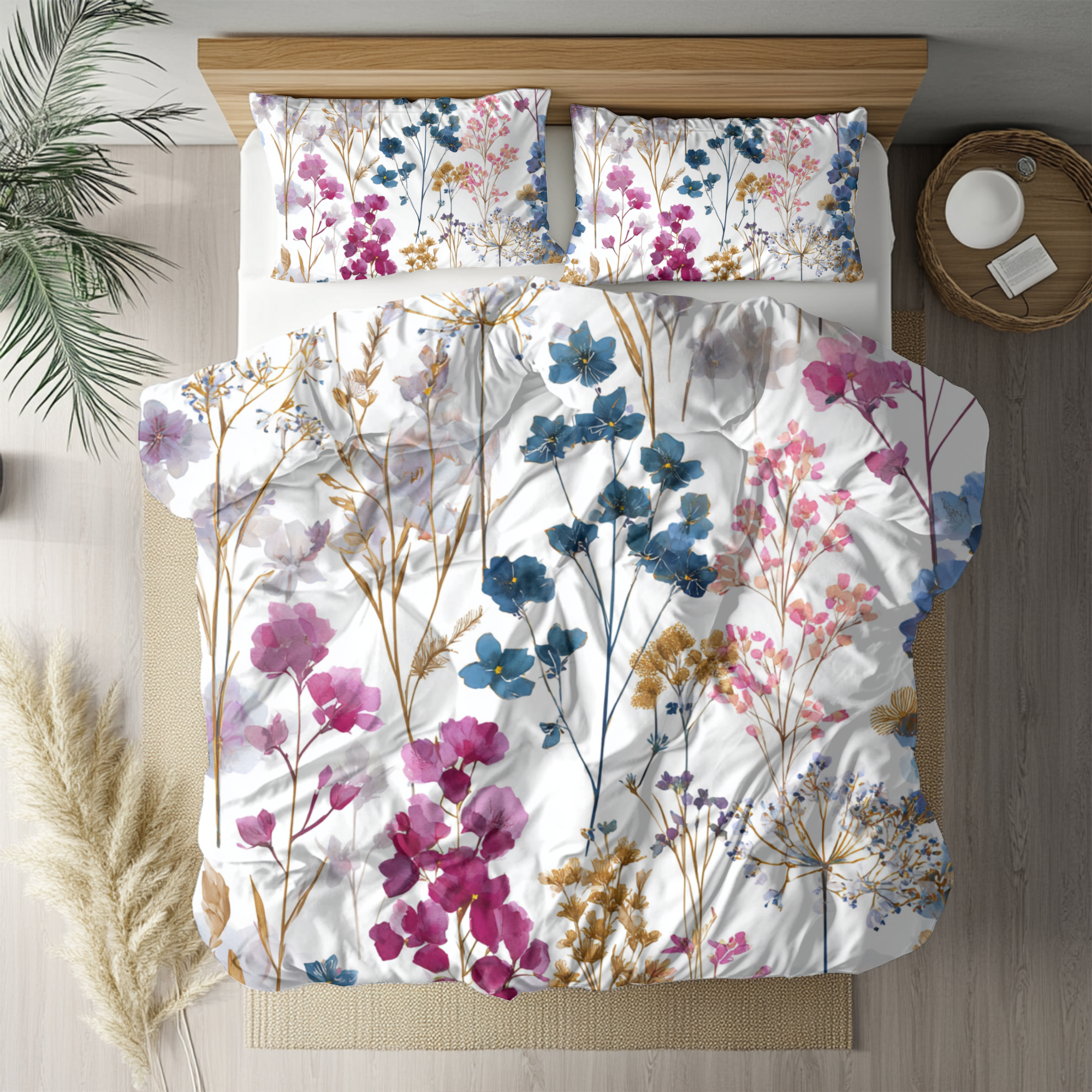 Floral Modern Duvet, Pillow Cover | White Pink Blue Bedroom Decor