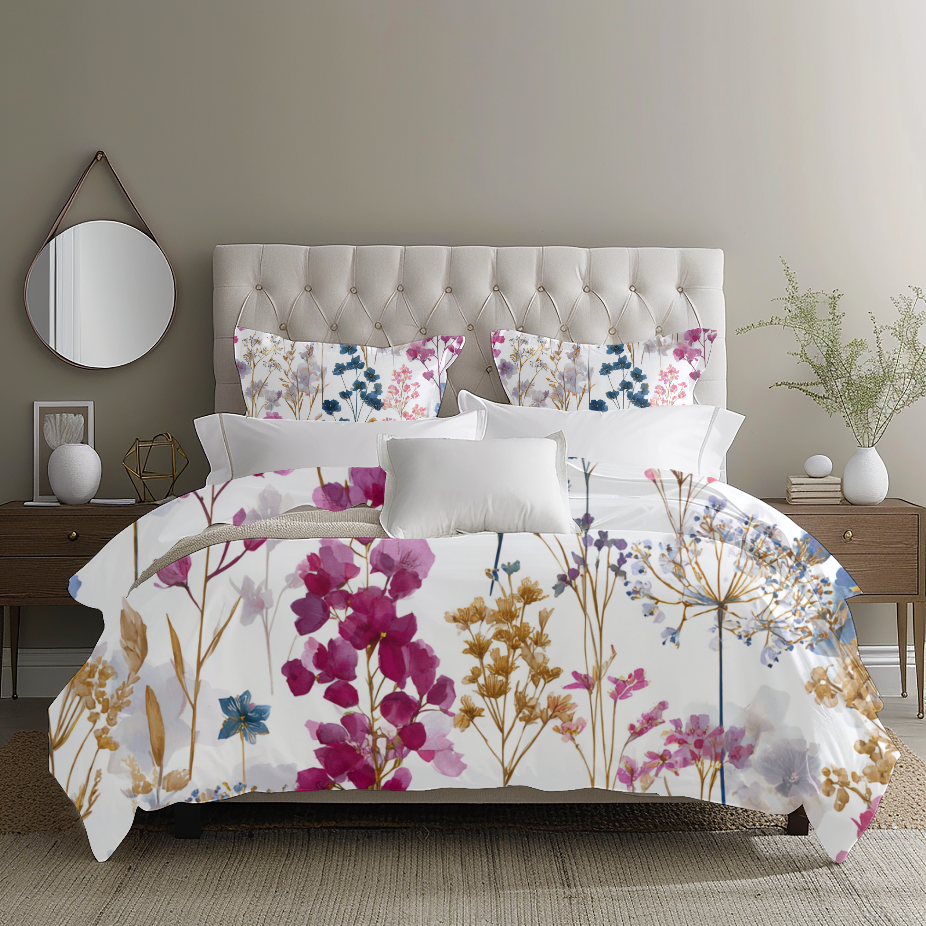 Floral Modern Duvet, Pillow Cover | White Pink Blue Bedroom Decor