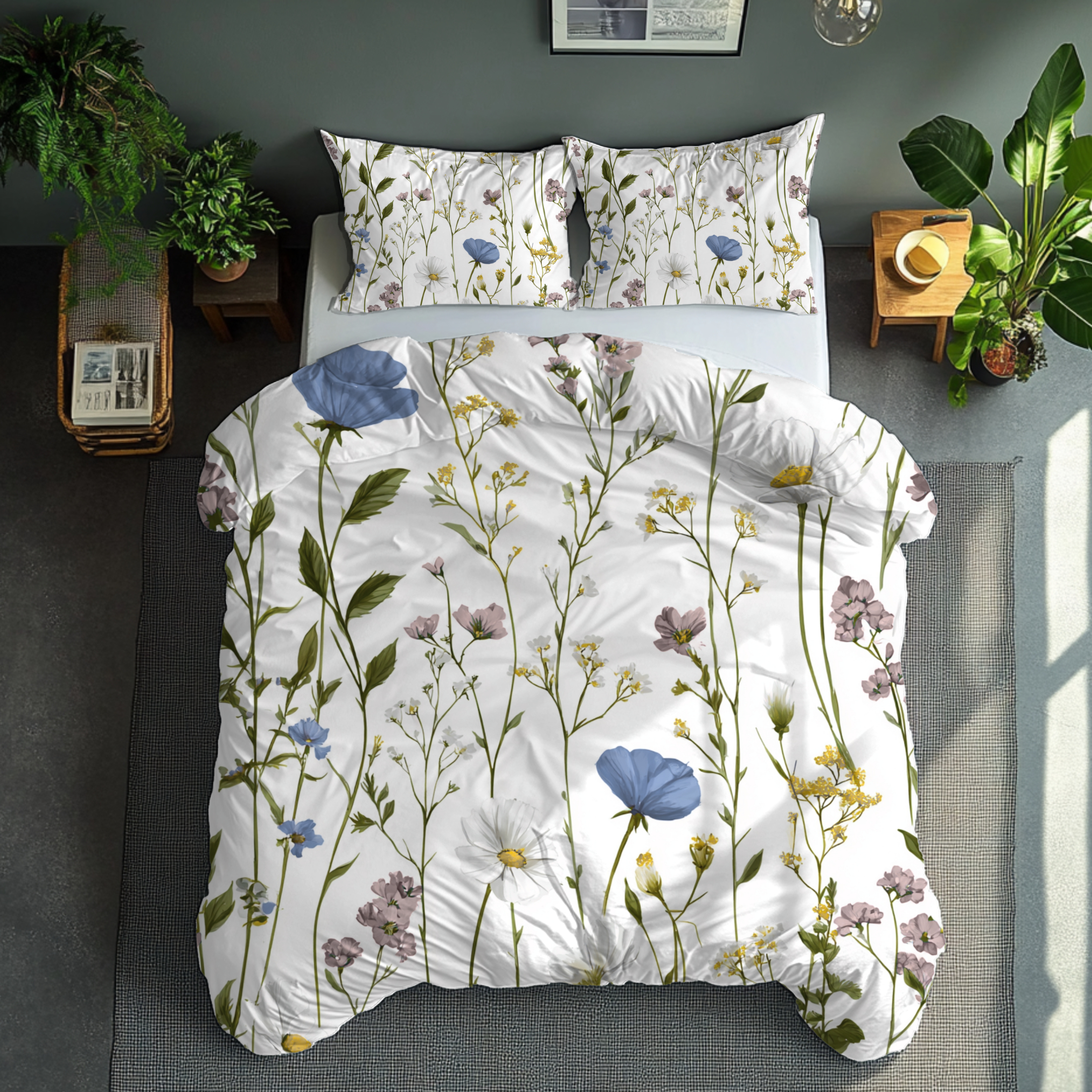 Floral Modern Duvet, Pillow Cover | White Blue Bedroom Decor