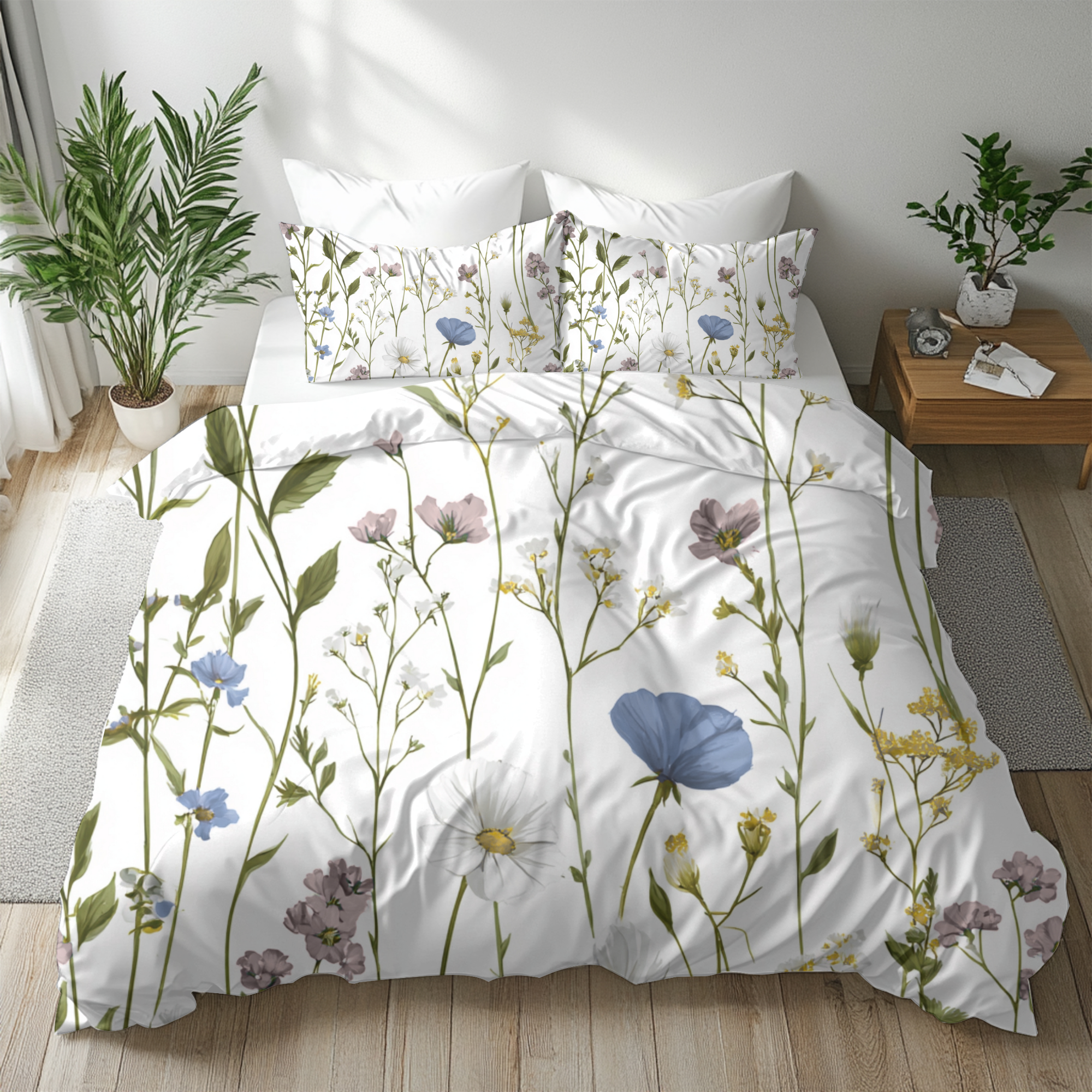 Floral Modern Duvet, Pillow Cover | White Blue Bedroom Decor