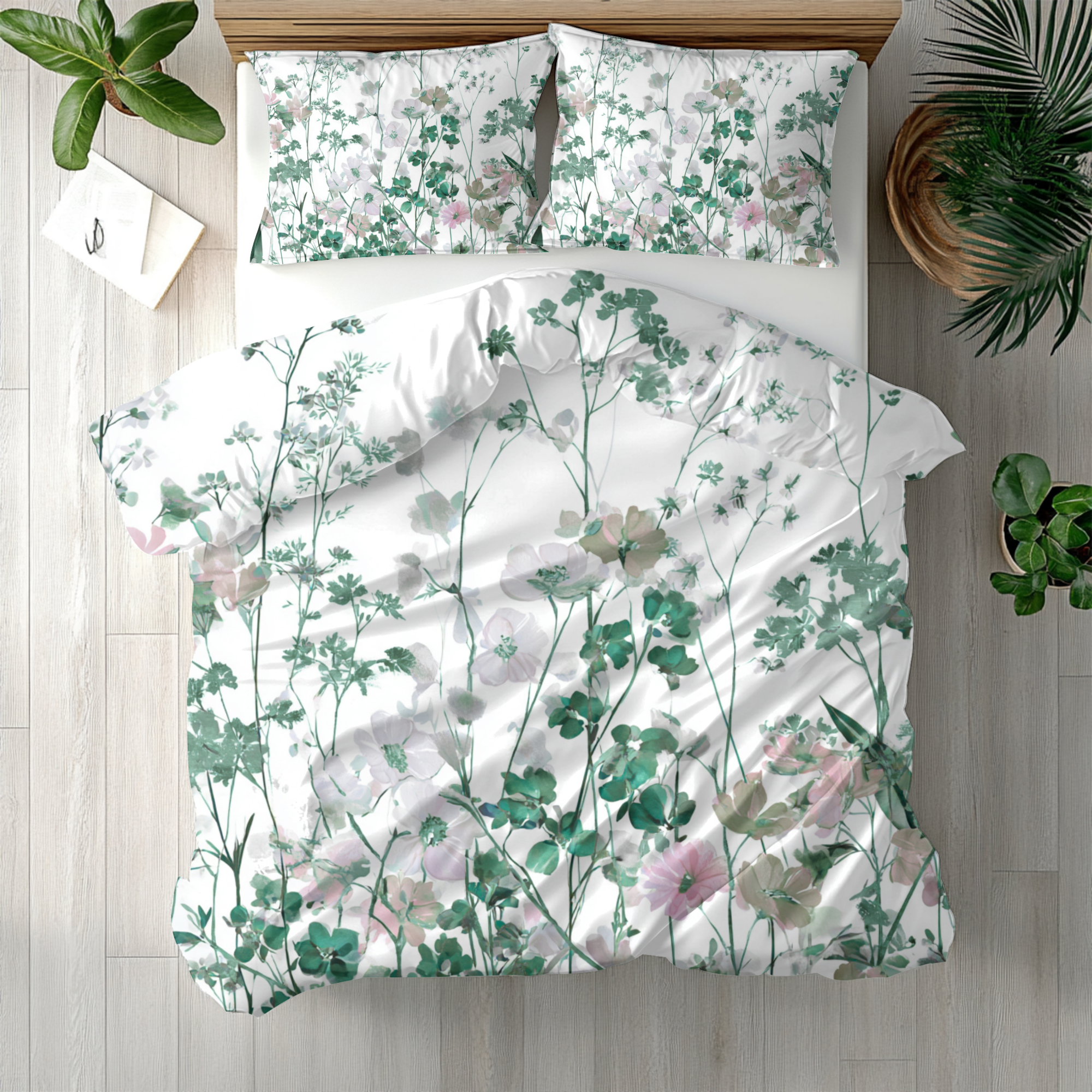Floral Modern Duvet, Pillow Cover | White Green Bedroom Decor
