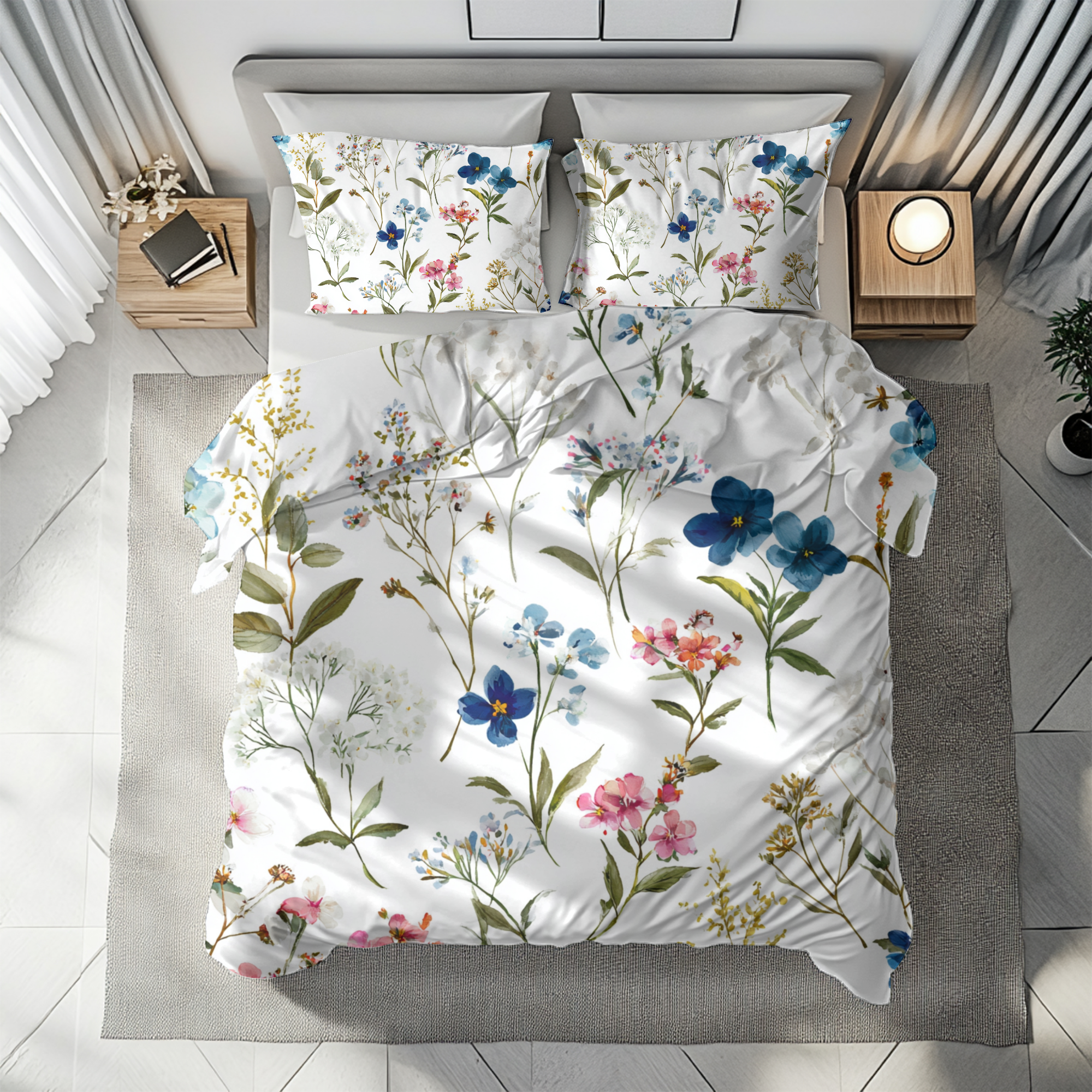 Floral Modern Duvet, Pillow Cover | White Green Bedroom Decor