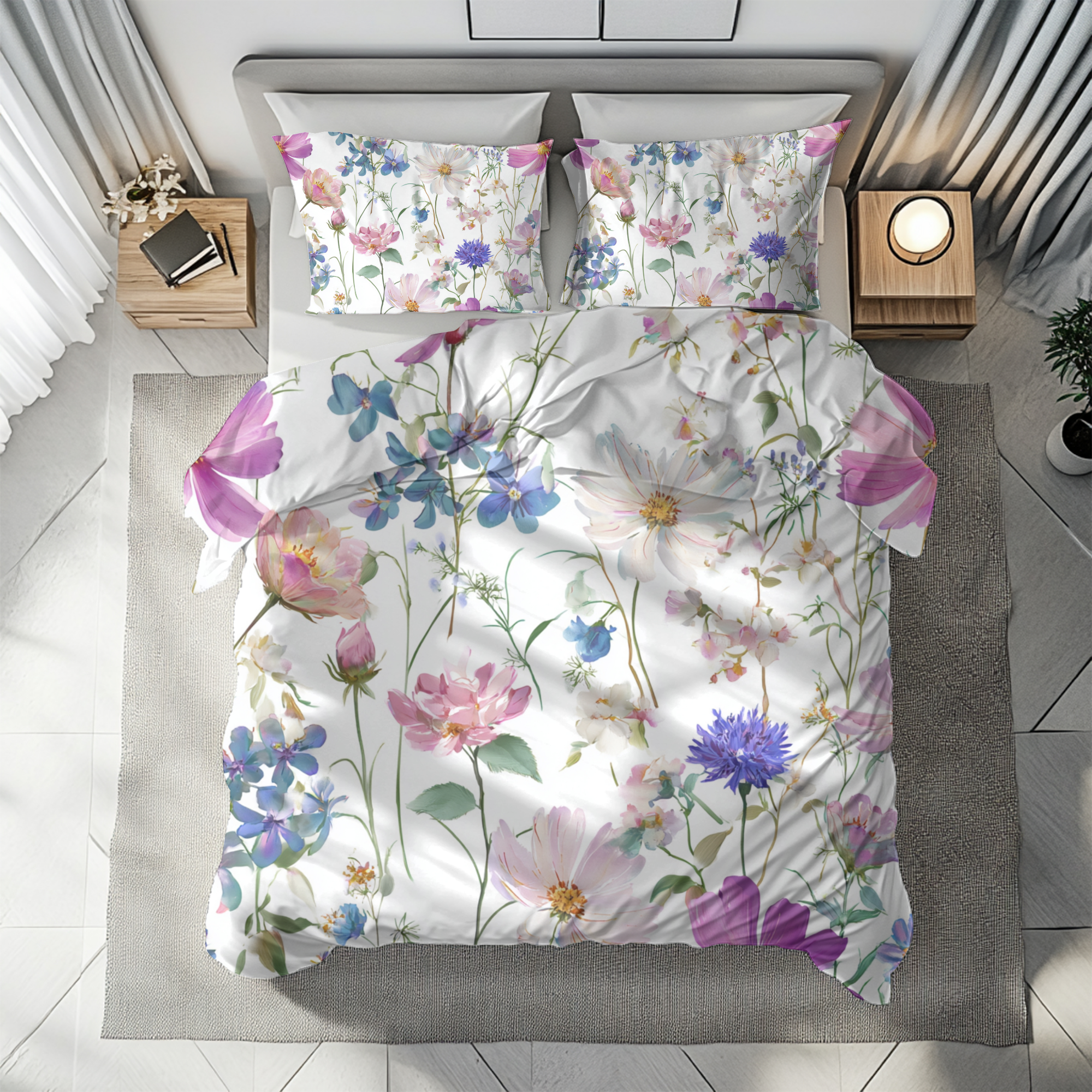 a bedroom with a floral-patterned bedspread and pillows, along with a nightstand and a lamp on either side of the bed.