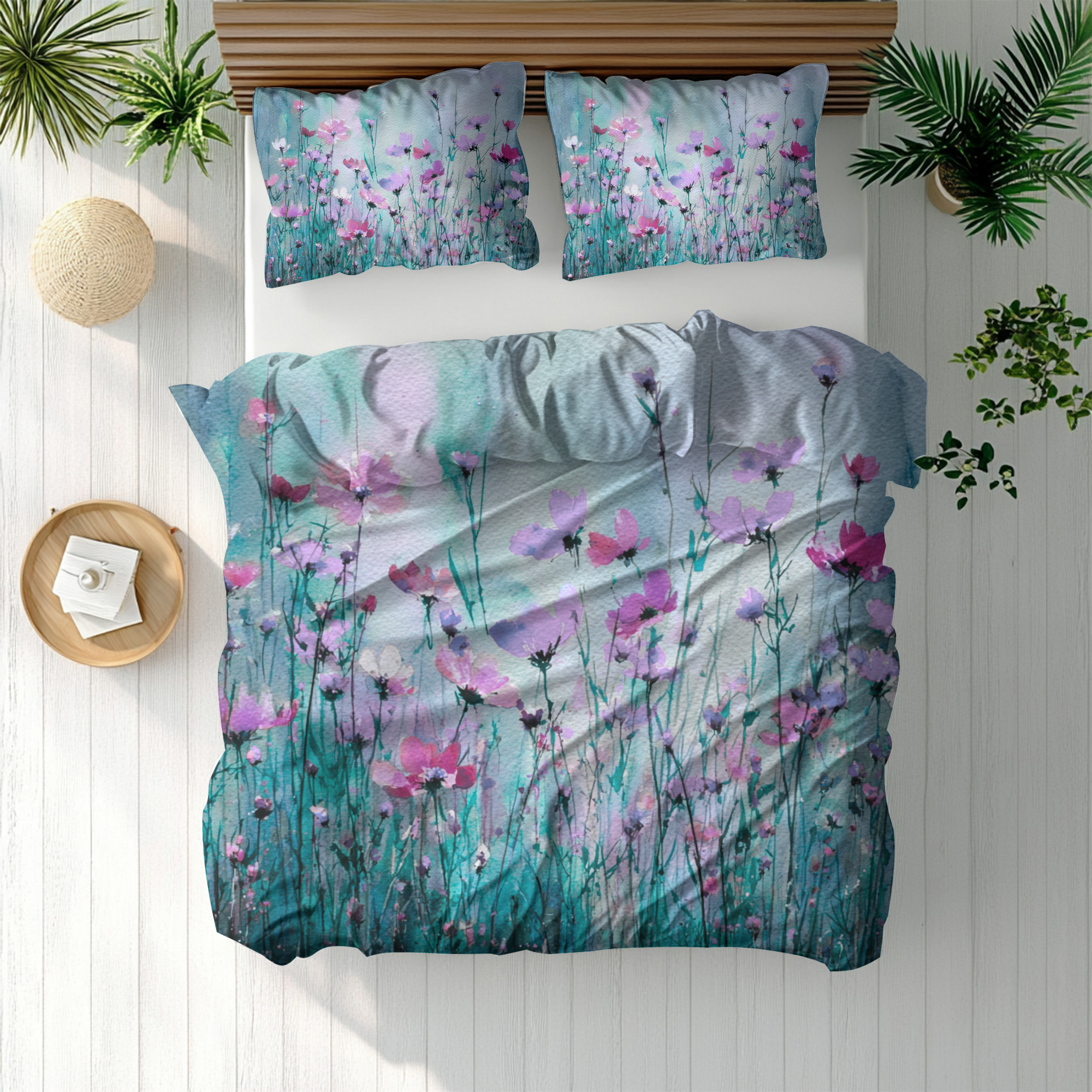 Floral Duvet, Pillow Cover | Teal Blue Bedroom Decor